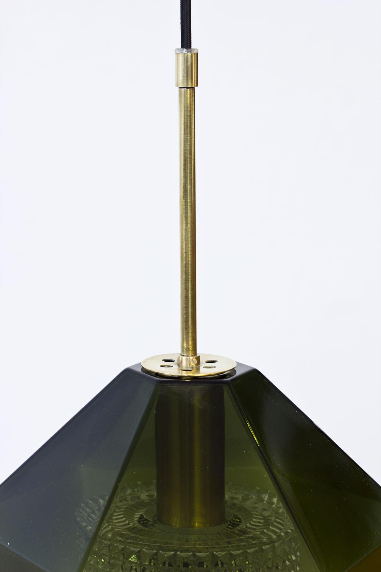 20th Century Swedish Green Tinted Glass & Brass Pendant Lamp by Carl Fagerlund for Orrefors