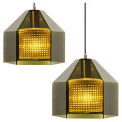 Swedish Green Tinted Glass & Brass Pendant Lamp by Carl Fagerlund for Orrefors