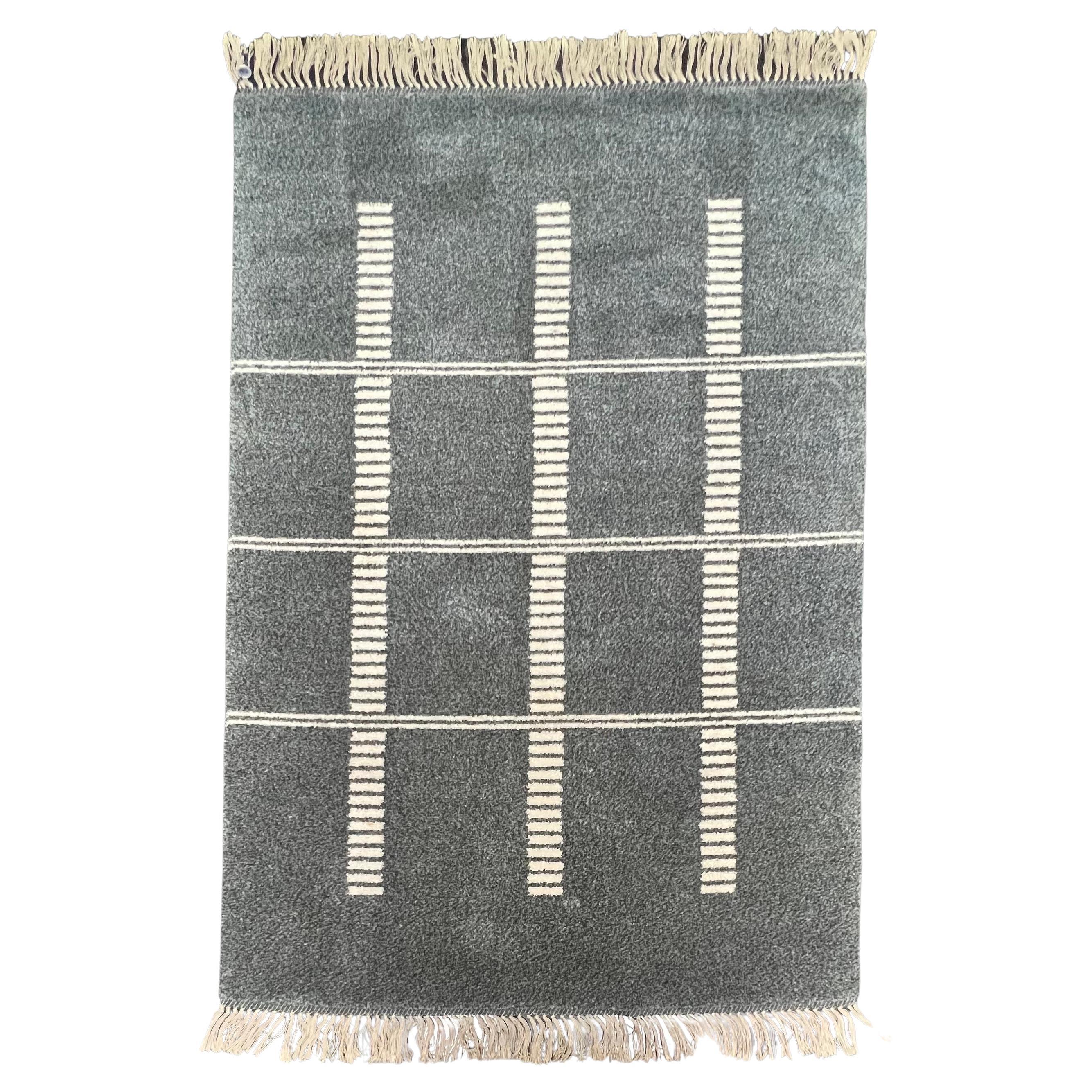 Swedish Grey and Creme Rug, Handcrafted, 1950s