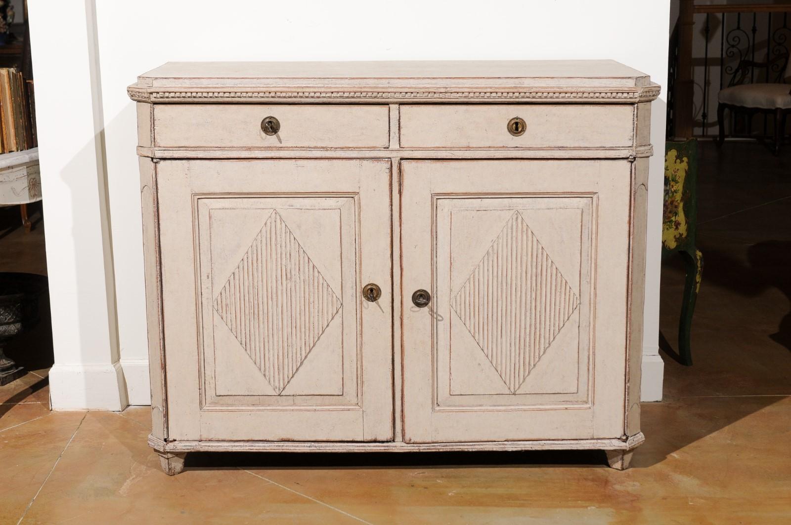 Carved Sold Swedish Gustavian Painted Buffet with Diamond Motifs and Canted Side Posts