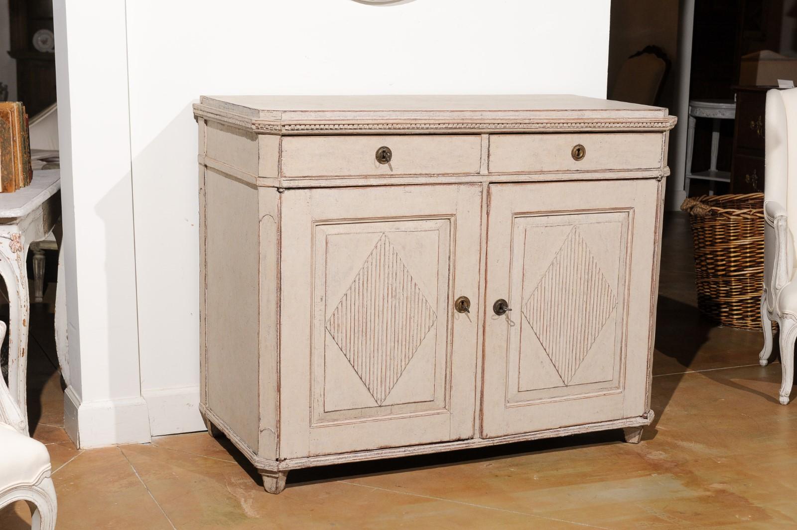 Sold Swedish Gustavian Painted Buffet with Diamond Motifs and Canted Side Posts In Good Condition In Atlanta, GA