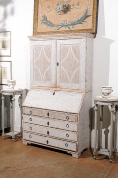 Swedish Gustavian 1800s Painted Tall Secretary with Slant Front Desk and Drawers