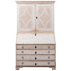 Swedish Gustavian 1800s Painted Tall Secretary with Slant Front Desk and Drawers