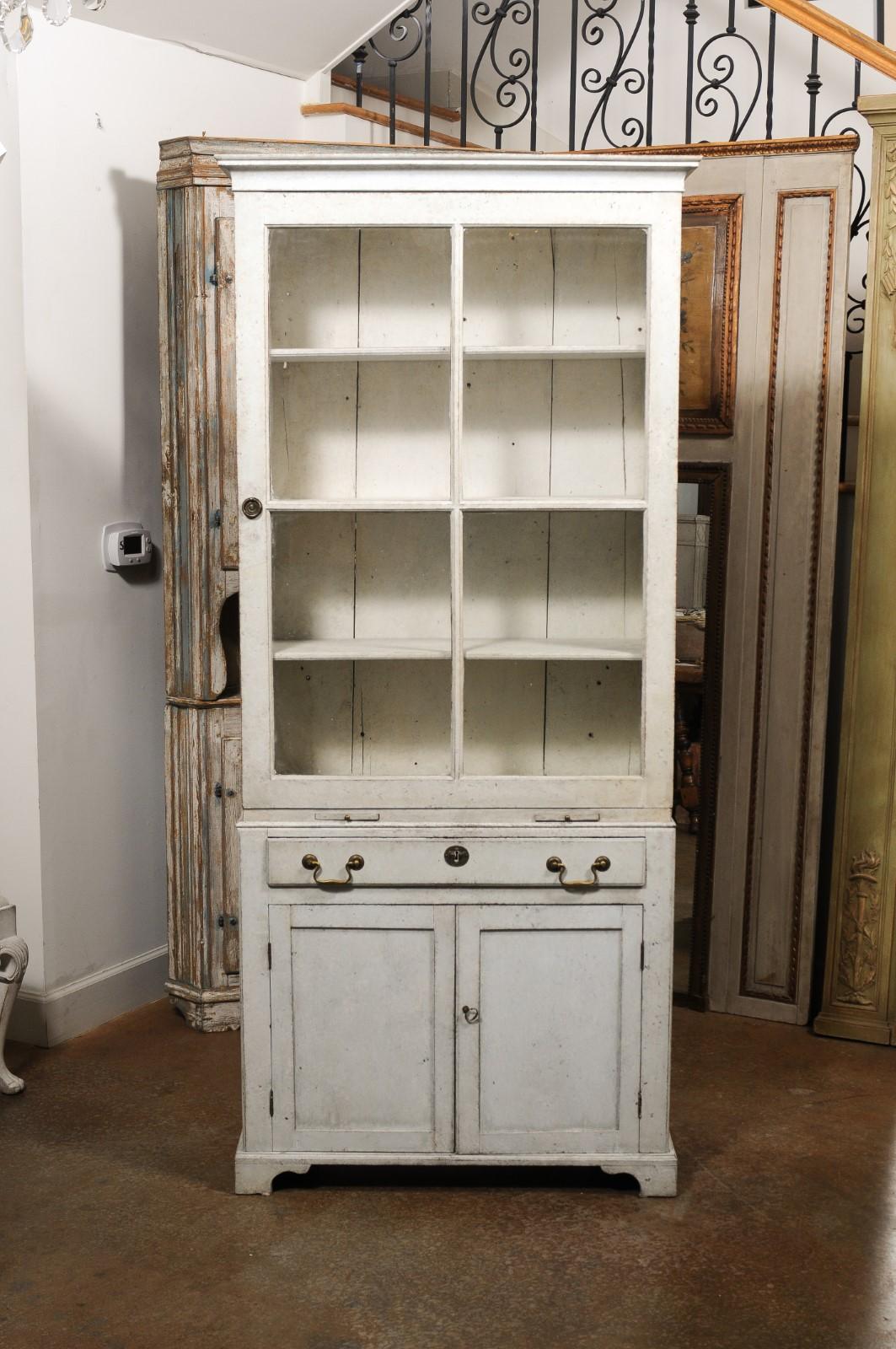 Swedish Gustavian 1810s Painted Vitrine Cabinet with Glass Door and Drawer 2