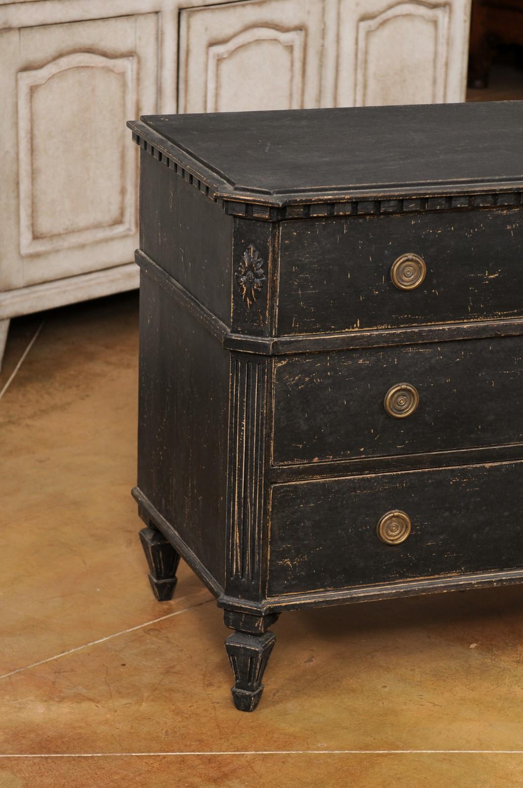 19th Century Swedish Gustavian 1830s Black Painted and Carved Three-Drawer Chest