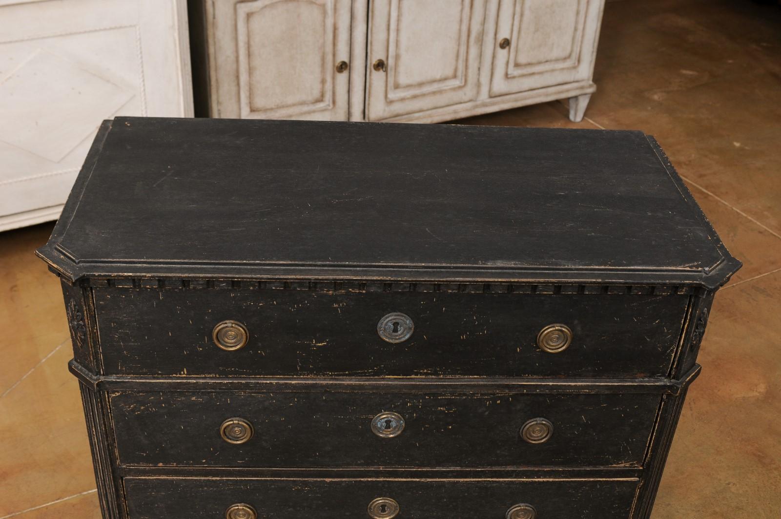 Wood Swedish Gustavian 1830s Black Painted and Carved Three-Drawer Chest