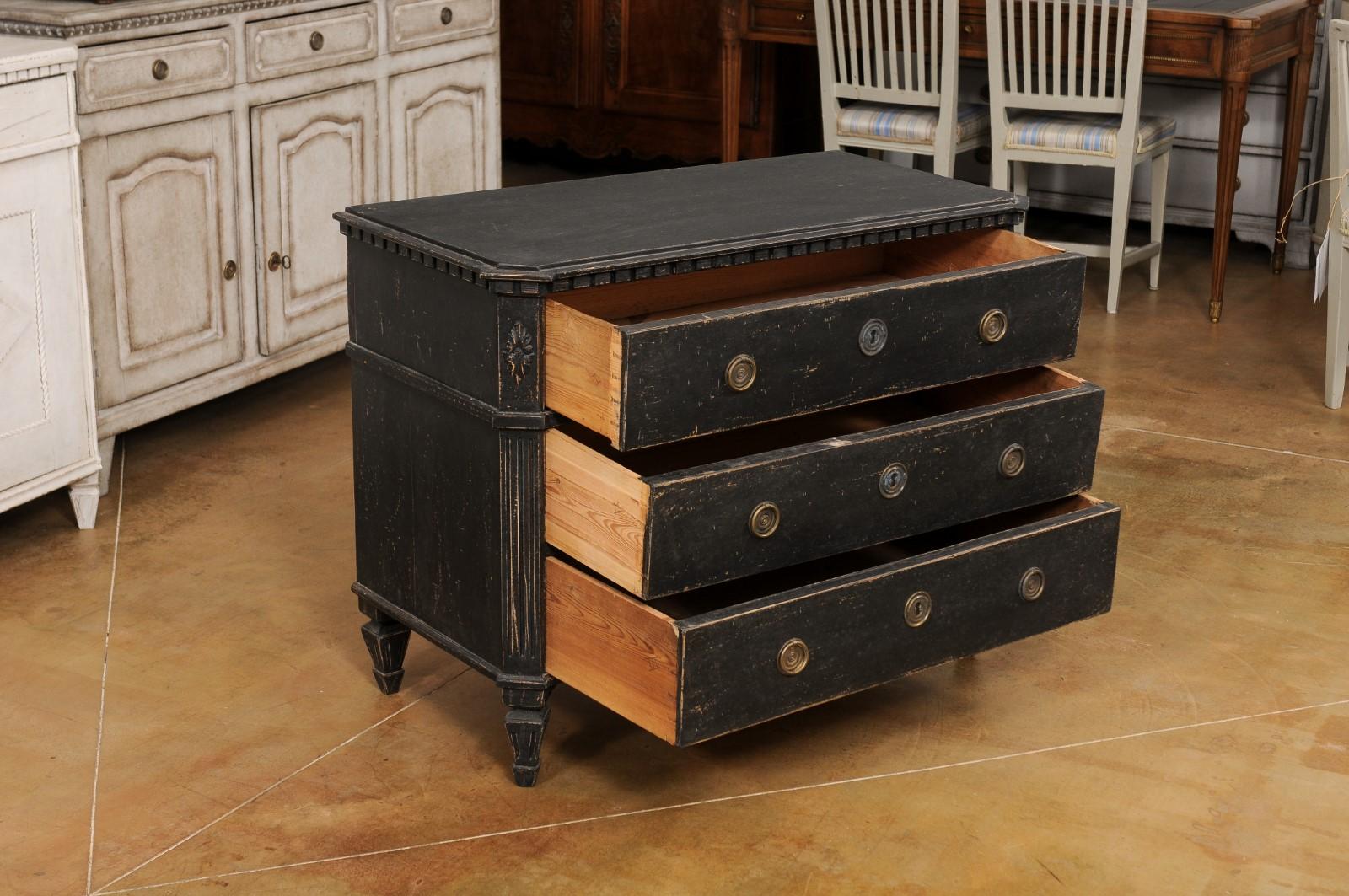 Swedish Gustavian 1830s Black Painted and Carved Three-Drawer Chest 2
