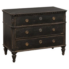 Swedish Gustavian 1830s Black Painted and Carved Three-Drawer Chest