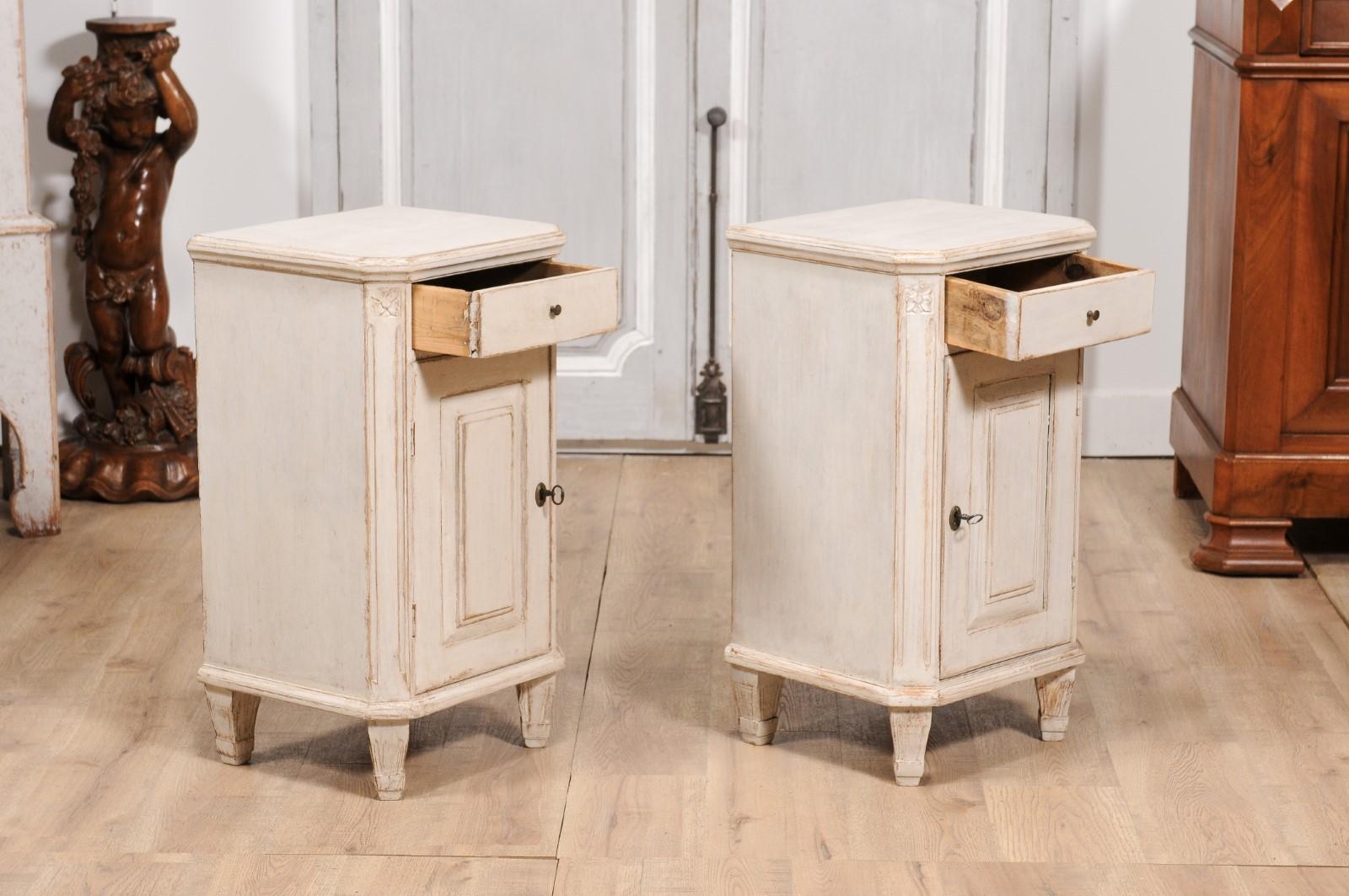 Wood Swedish Gustavian 1880s Light Gray Nightstands with Drawers and Doors, a Pair For Sale