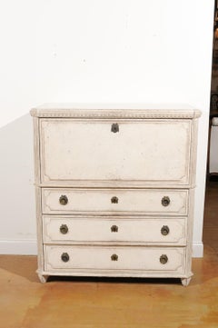 Swedish Gustavian 19th Century Painted Drop-Front Secretary with Blue Interior