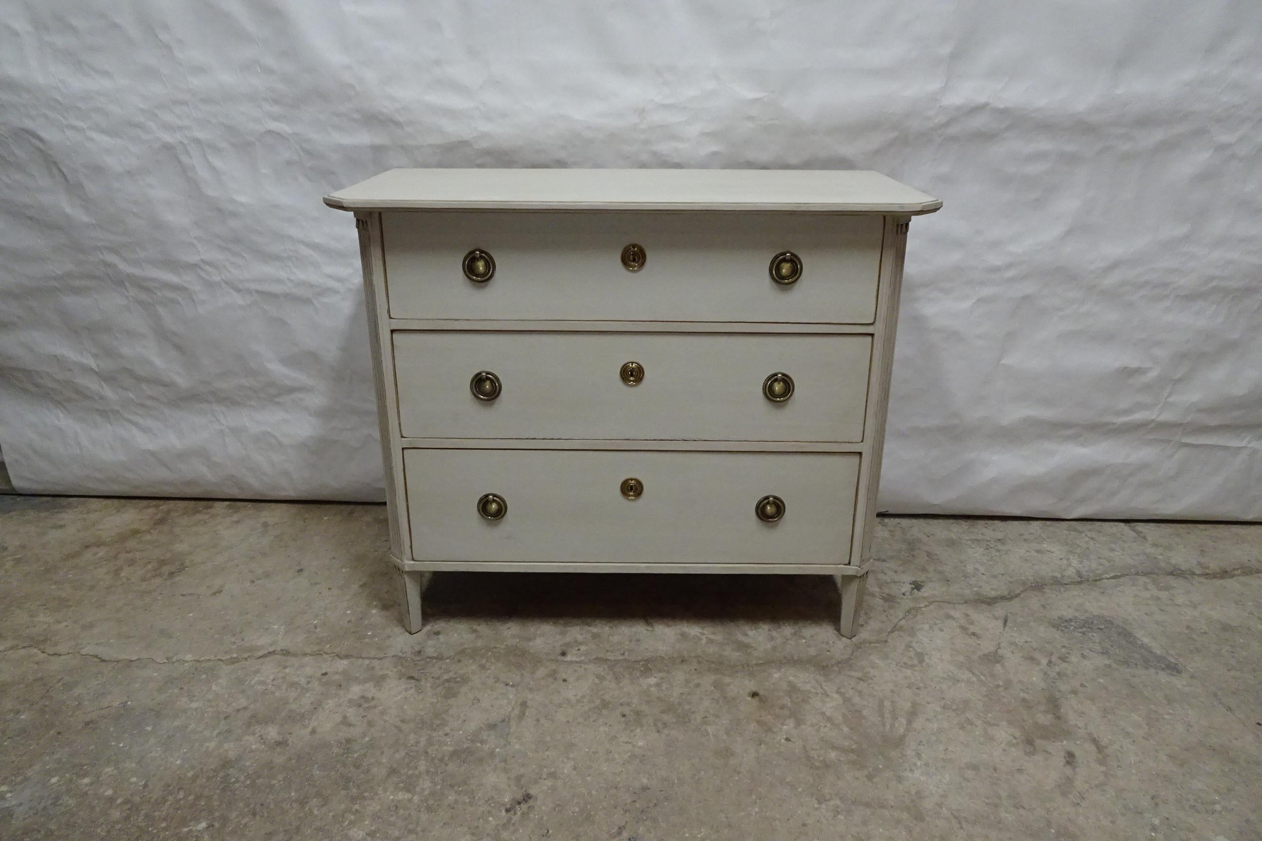 This is a unique Swedish Gustavian 3 Drawer Chest Of Drawers. Its been restored and repainted with Milk paints 