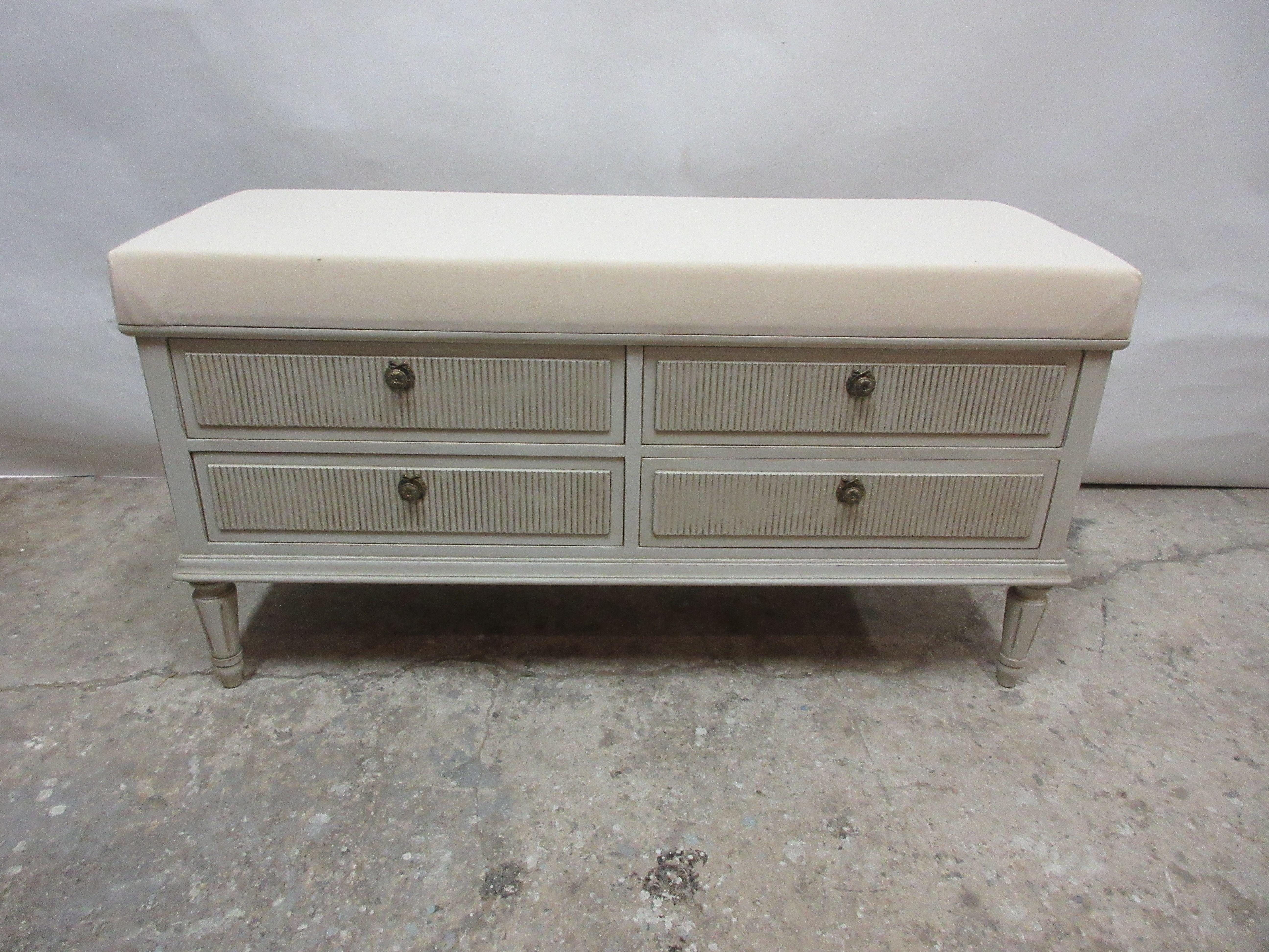 This is a Swedish Gustavian 4-drawer bench, it has been restored and repainted with milk paints 