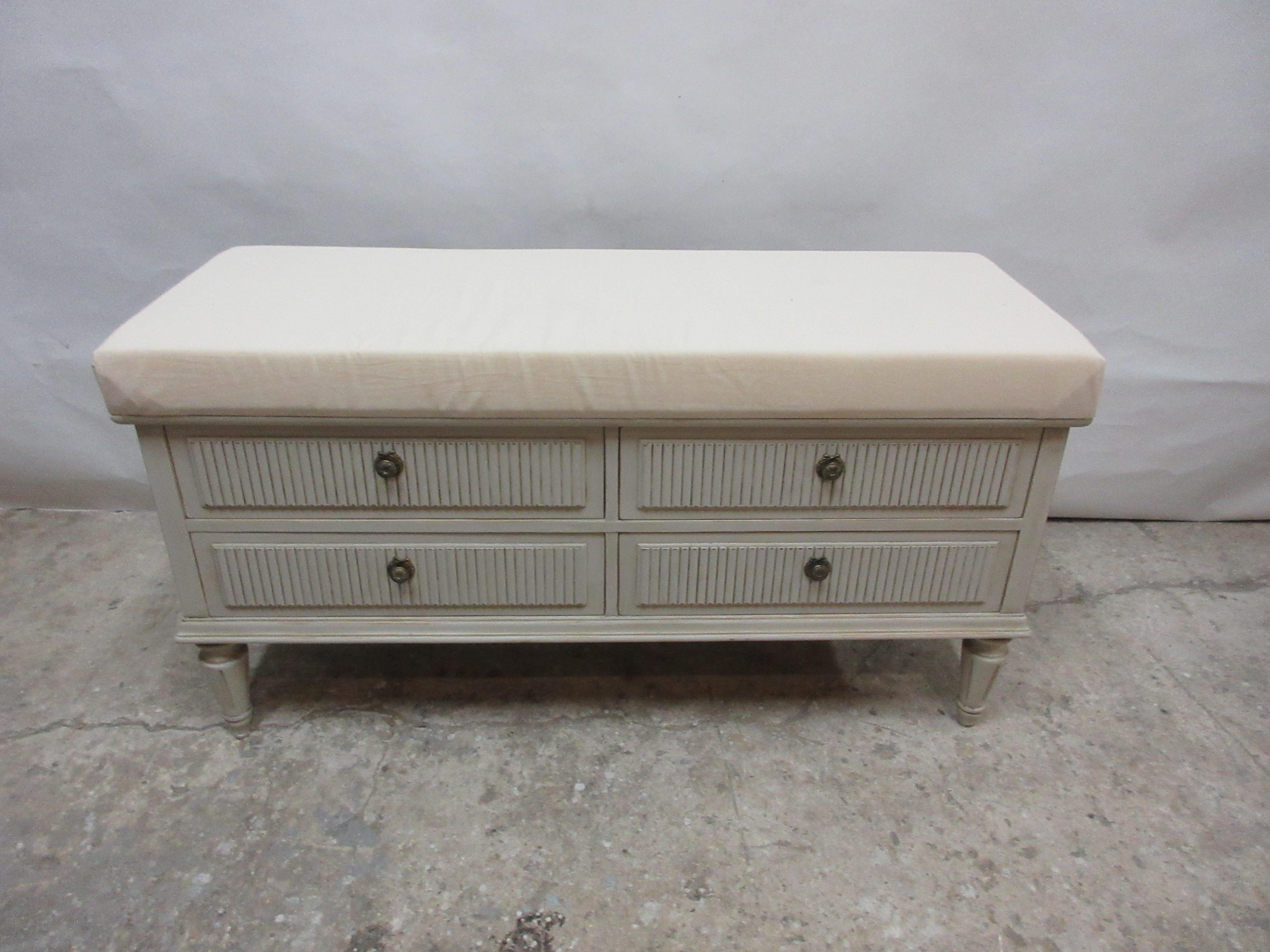This is a Swedish Gustavian 4-drawer bench, it has been restored and repainted with milk paints 