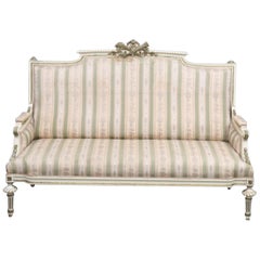Swedish Gustavian Antique Sofa Couch White Carved Detail Gold Early 1900s 3-Seat