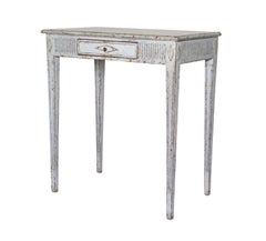 Swedish Gustavian Antique Table Desk Grey White Carved Detail, C.1860-1870