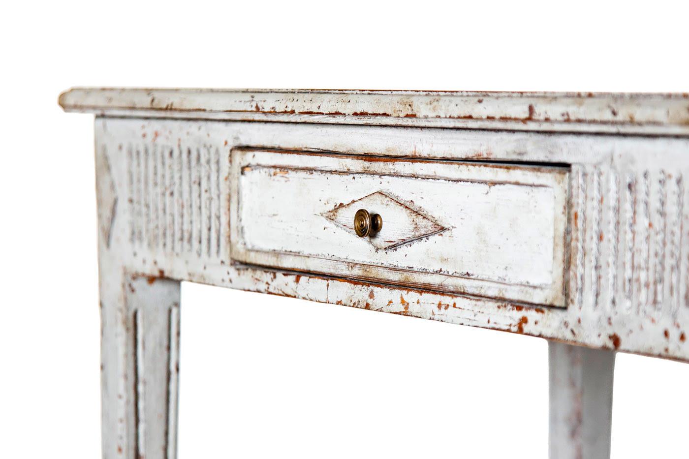 Painted Swedish Gustavian Antique Table Desk Grey White Carved Detail, C.1860-1870 For Sale
