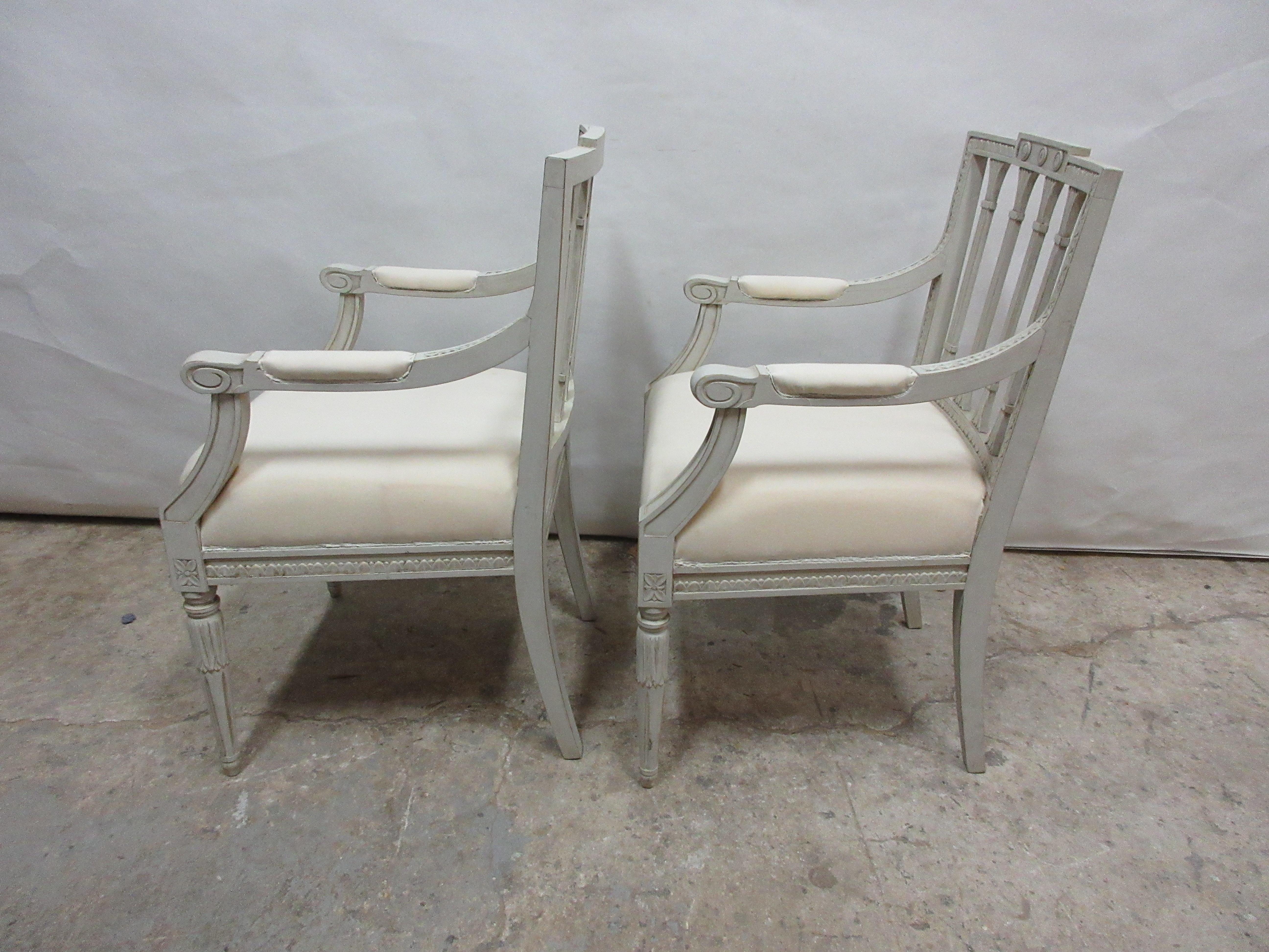 This is a set of 2 Swedish Gustavian armchairs, they have been restored and repainted with milk paints 