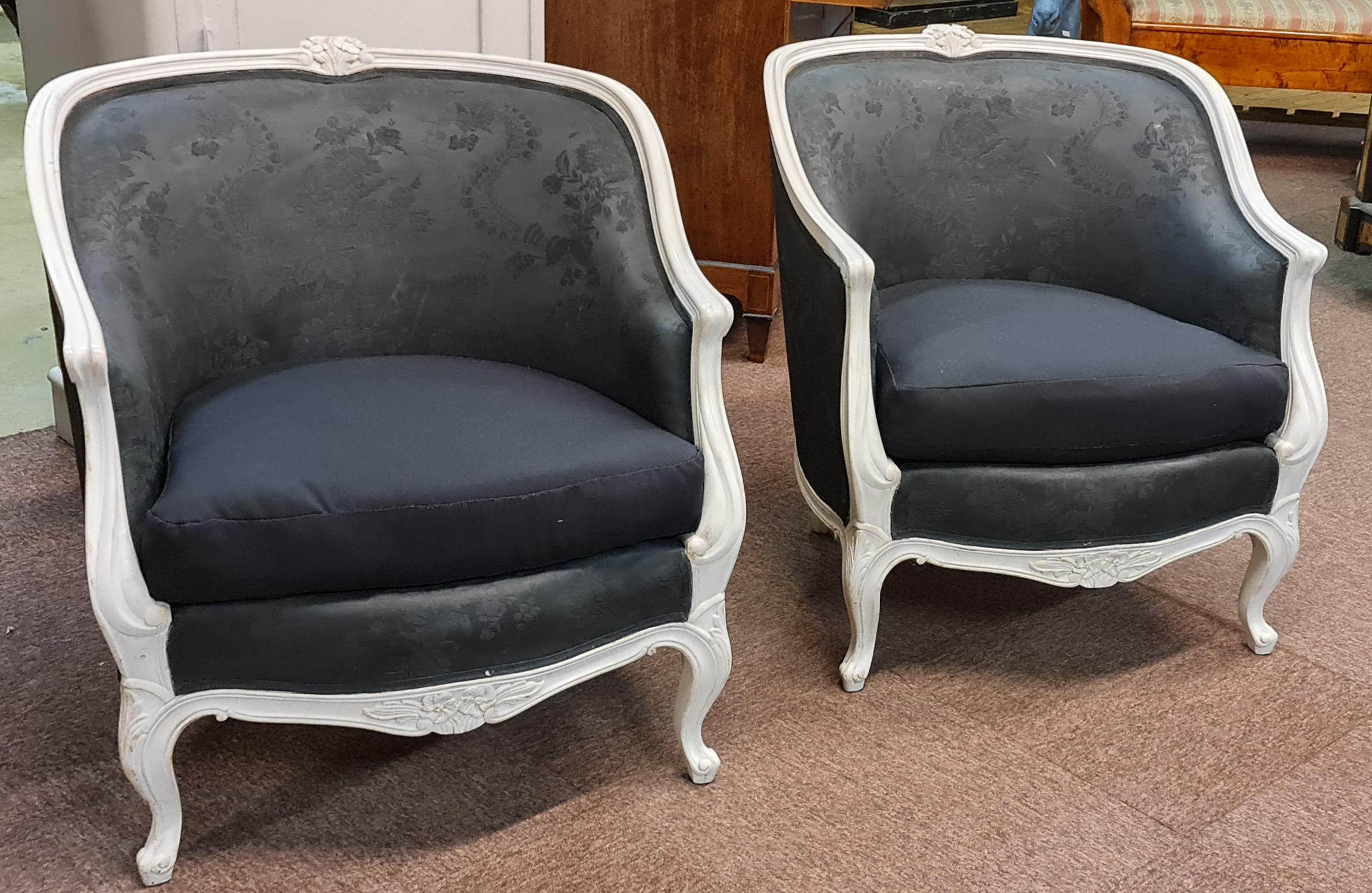 Polished Swedish Gustavian Armchairs Pair of Club Tub White Color Early 1900s