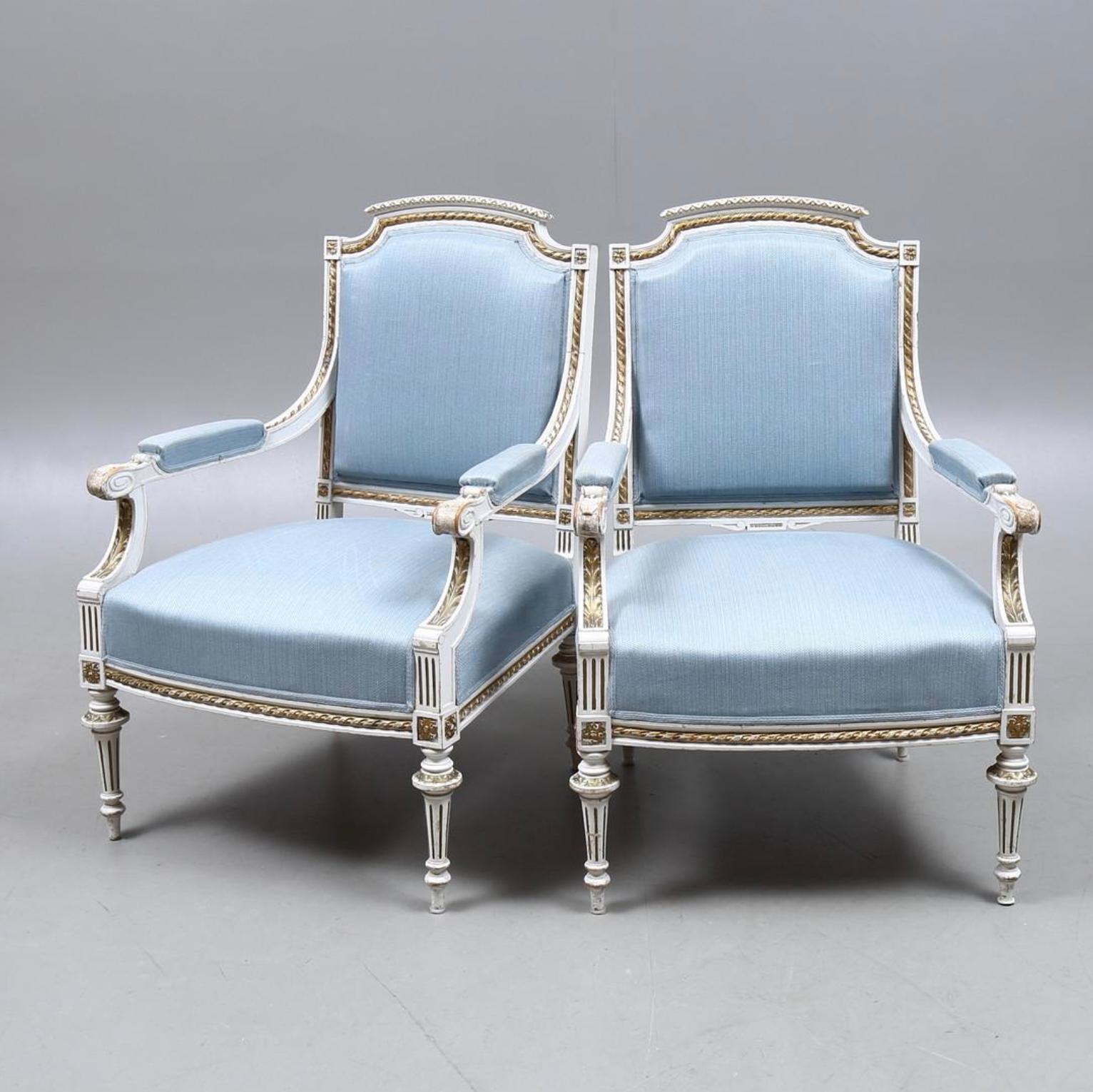 Hand-Painted Swedish Gustavian Armchairs Pair White Color Gold Detail Early 1900s A For Sale
