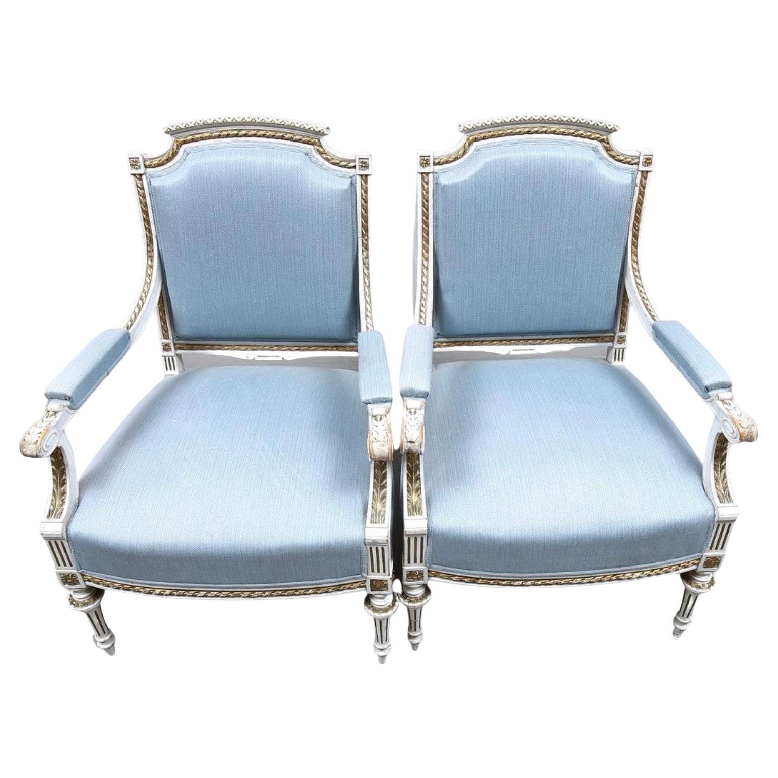 Swedish Gustavian Armchairs Pair White Color Gold Detail Early 1900s A