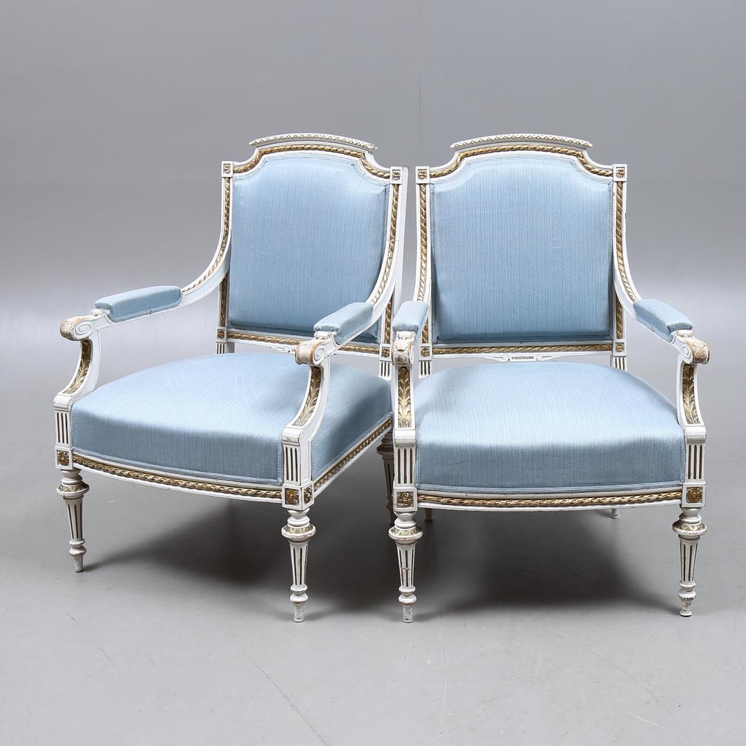 Hand-Painted Swedish Gustavian Armchairs Pair White Color Gold Detail Early 1900s For Sale