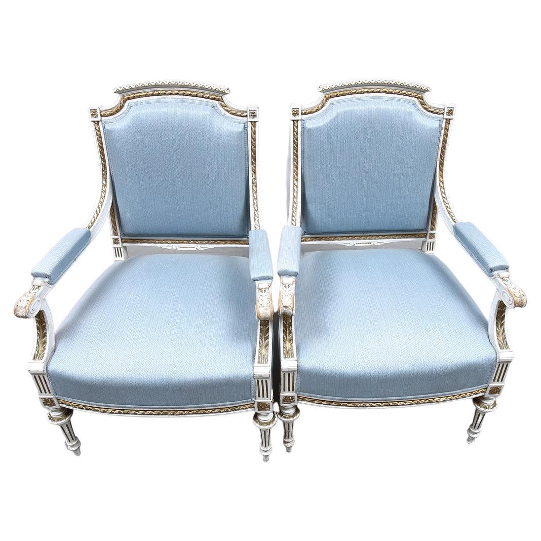 Swedish Gustavian Armchairs Pair White Color Gold Detail Early 1900s For Sale