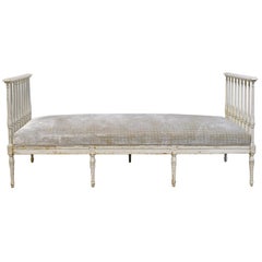 Swedish Gustavian Banquette/Daybed w/ White-Grey Paint & New Upholstery, c 1800