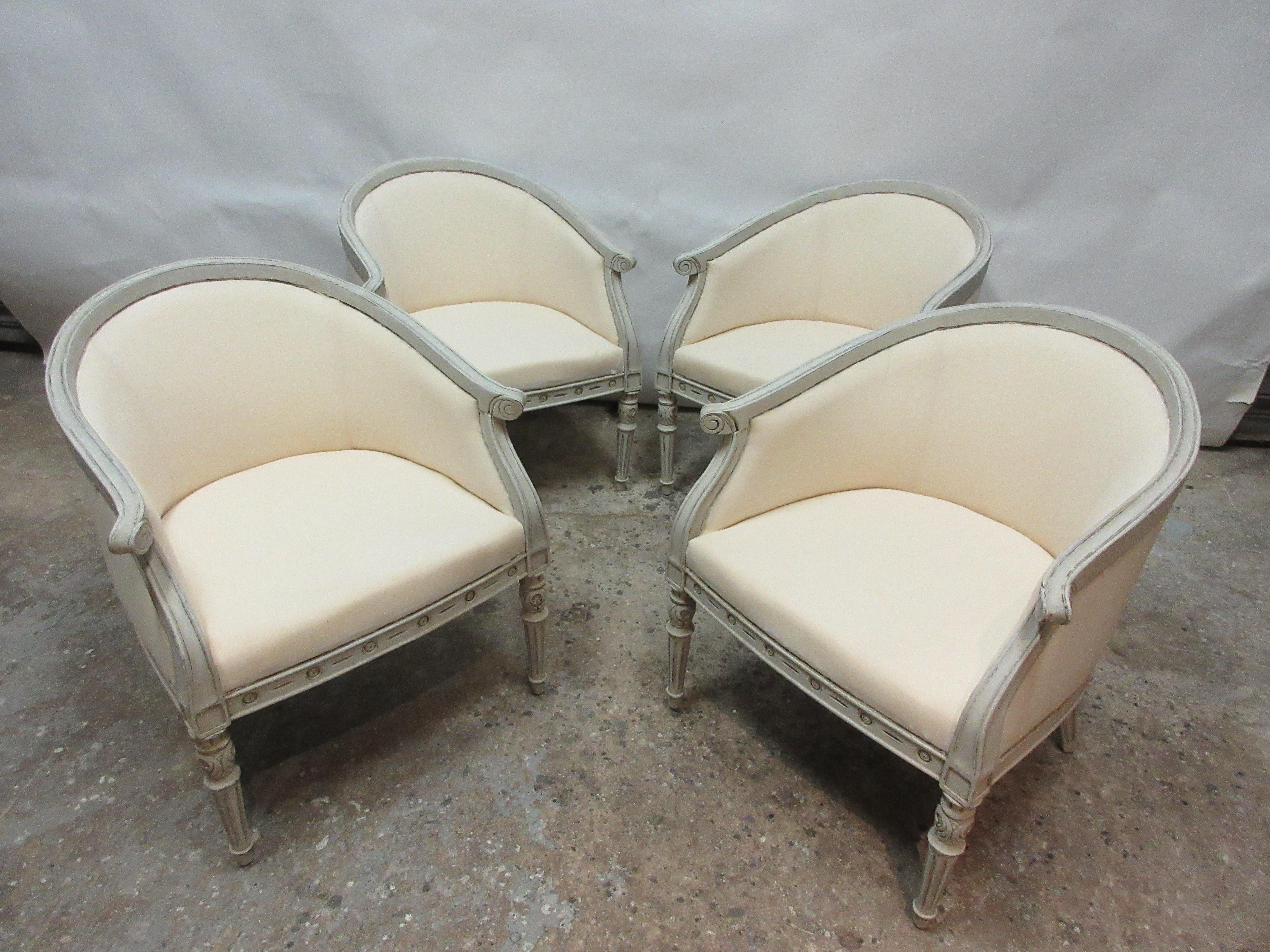 This is a set of 4 Swedish Gustavian Barrel chairs. They have been restored and repainted with milk paints 