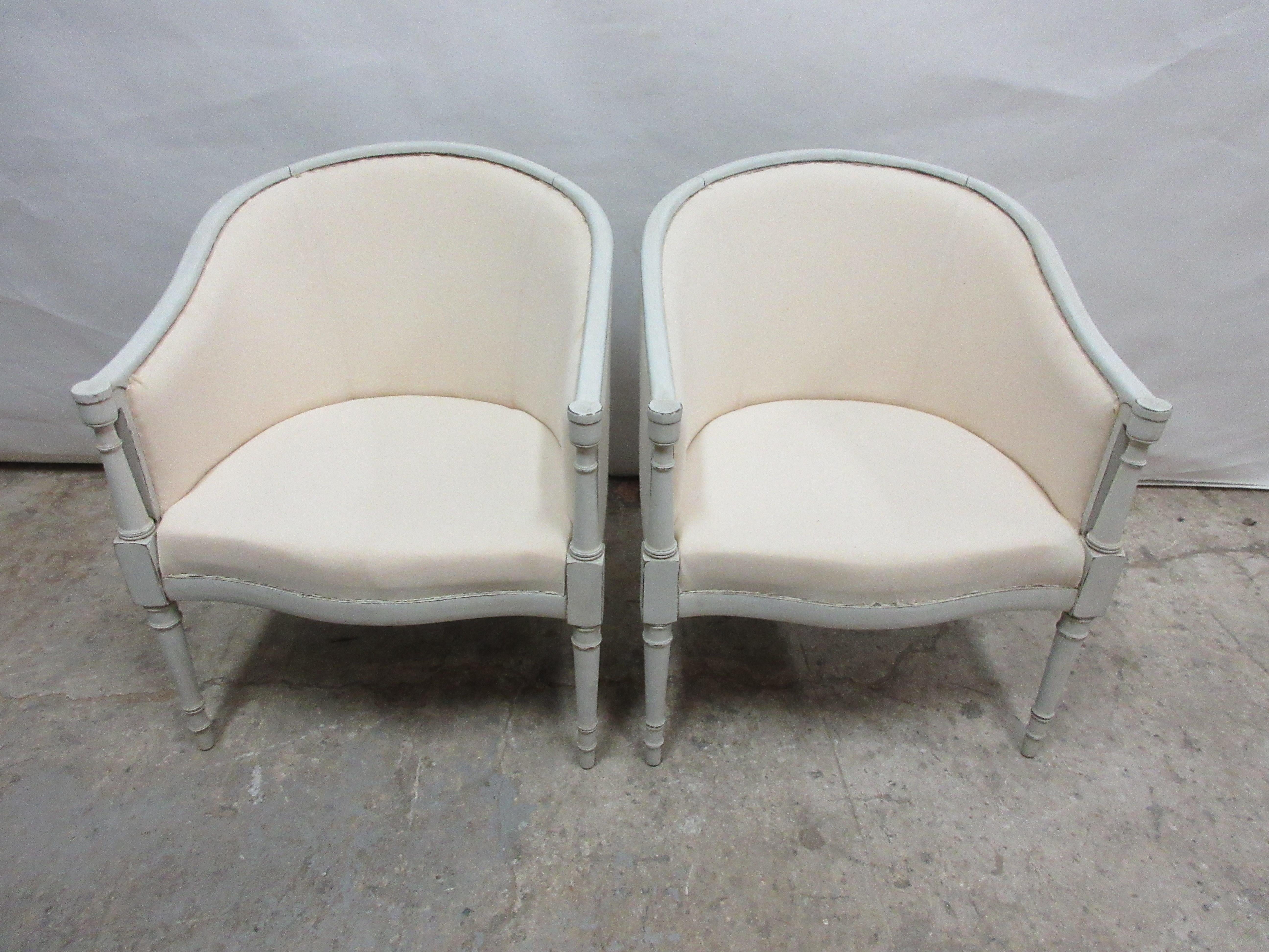 This is a set of 2 Swedish Gustavian barrel chairs. They have been restored and repainted with milk paints 