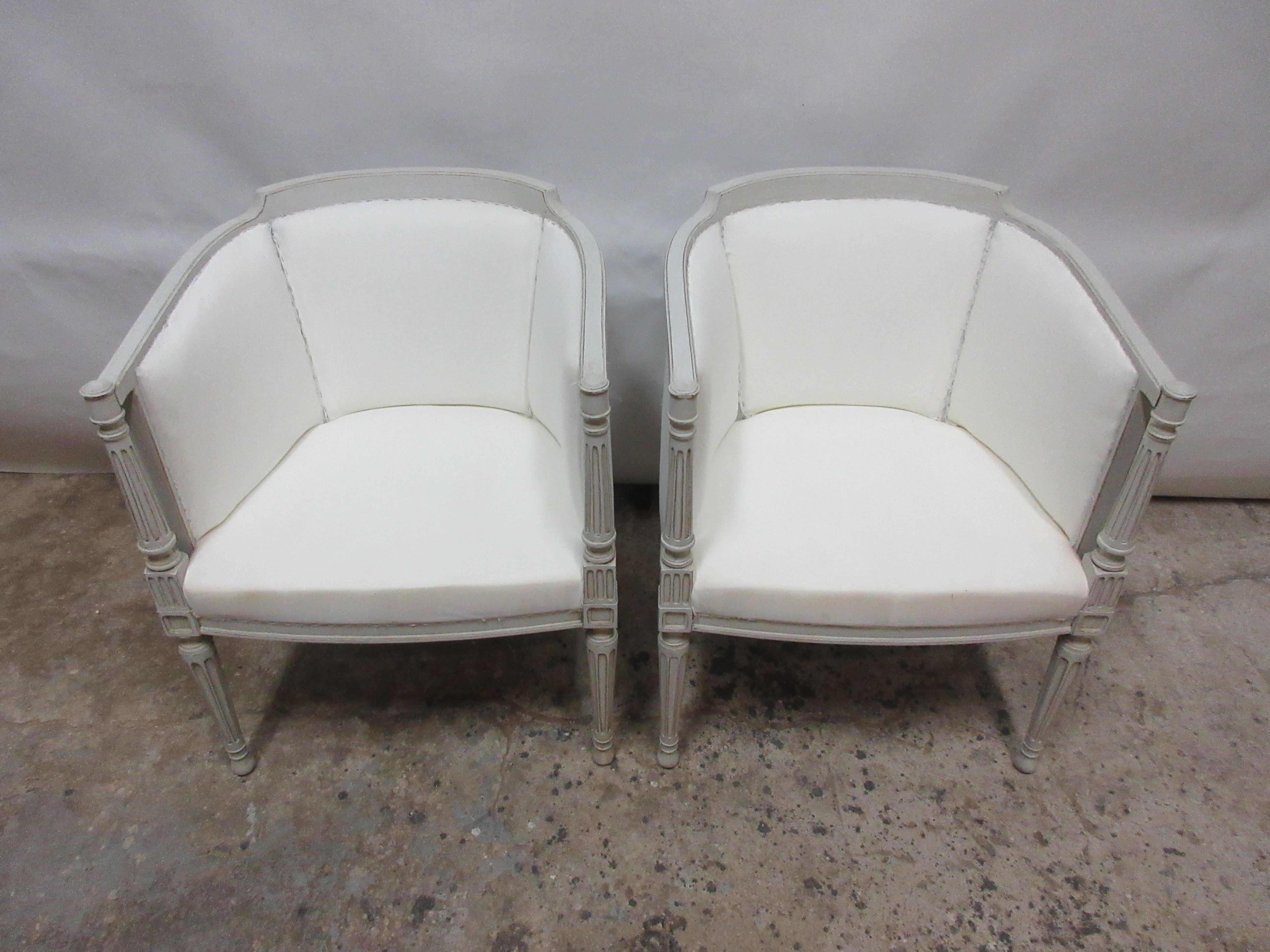 This is a set of 2 Swedish Gustavian Barrel chairs. They have been restored and repainted with milk paints 