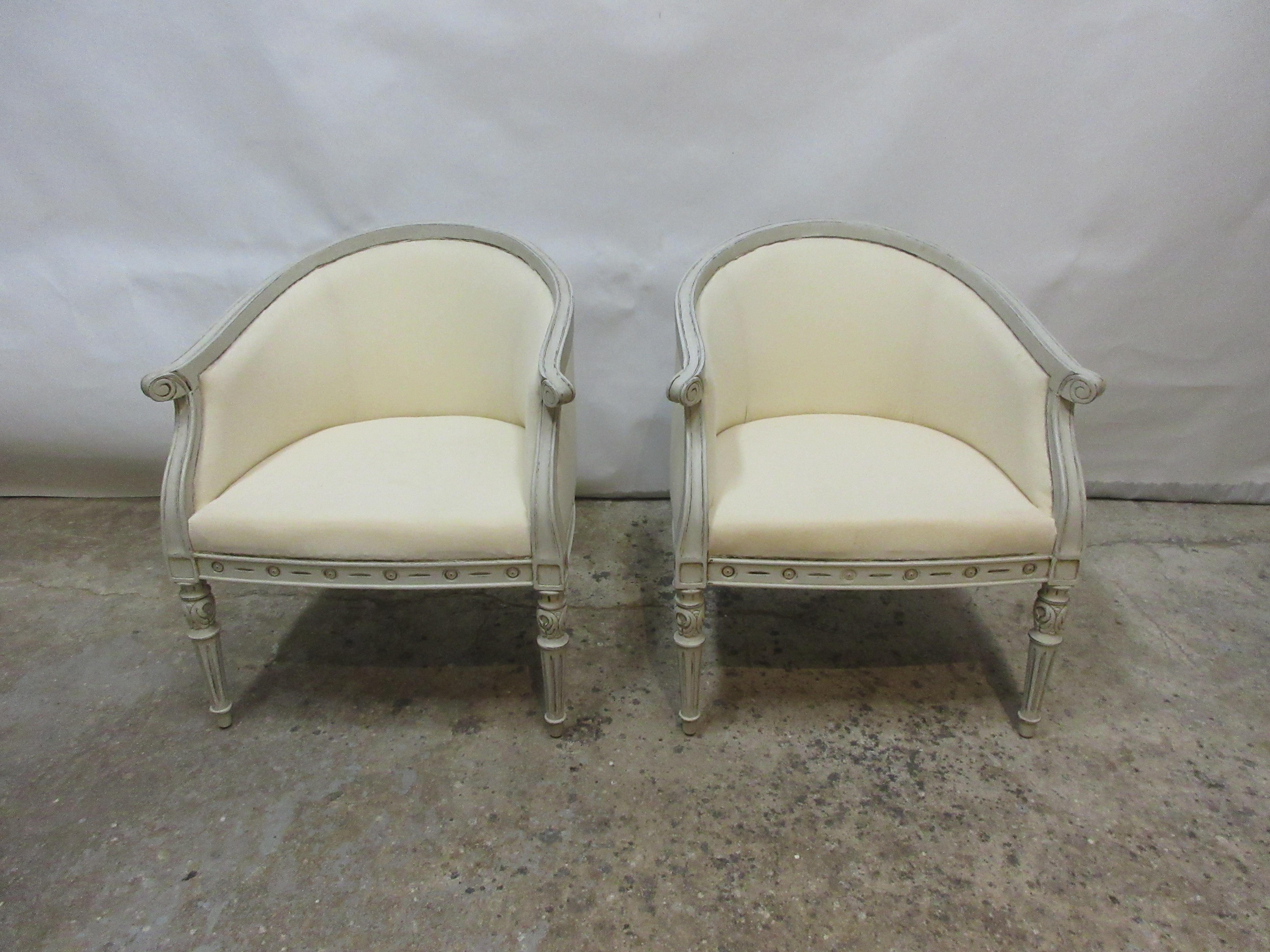 This is a set of 2 Swedish Gustavian Barrel chairs. They have been restored and repainted with milk paints 