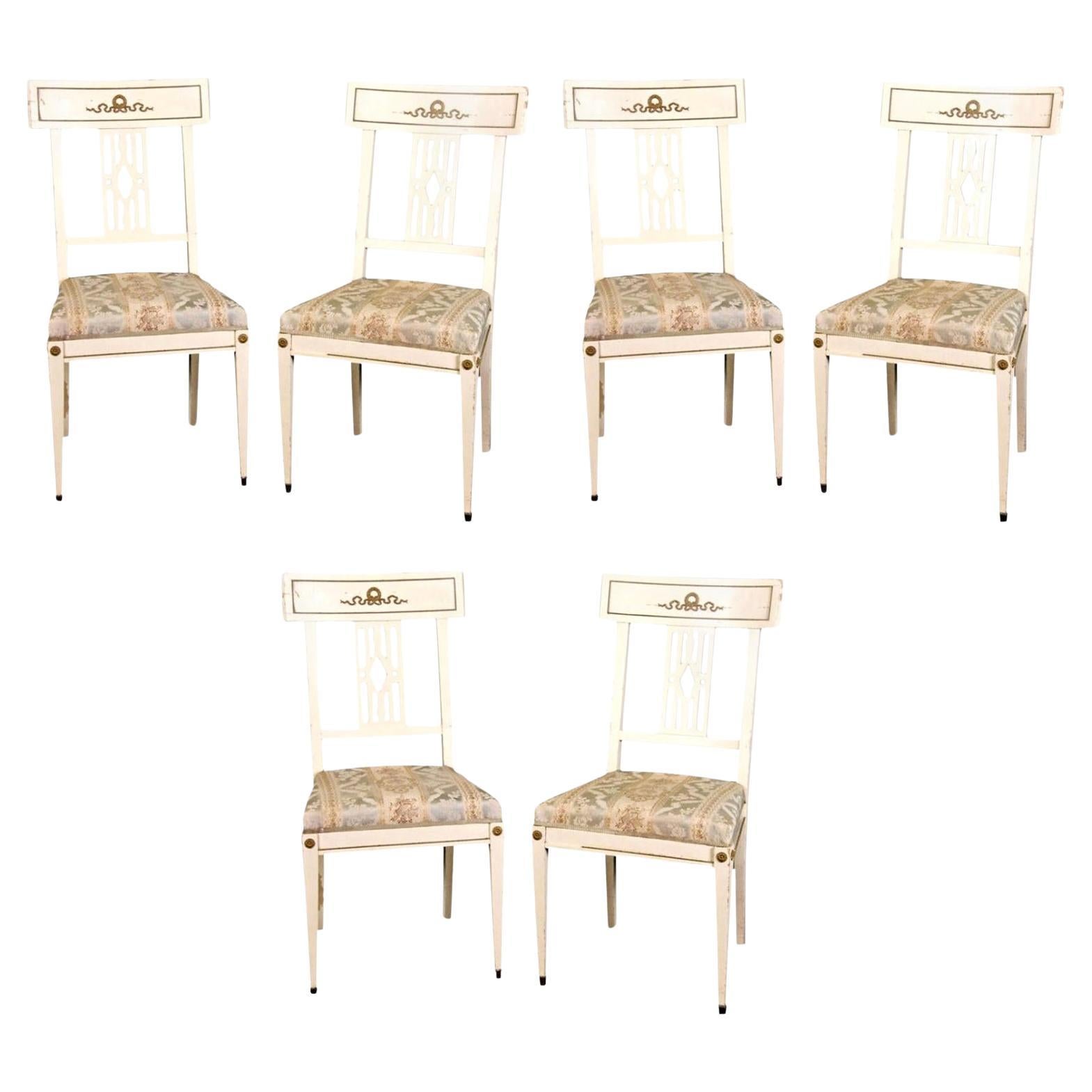 Swedish Gustavian Bellman White Dining Chairs, Set of Six, Late 19th Century