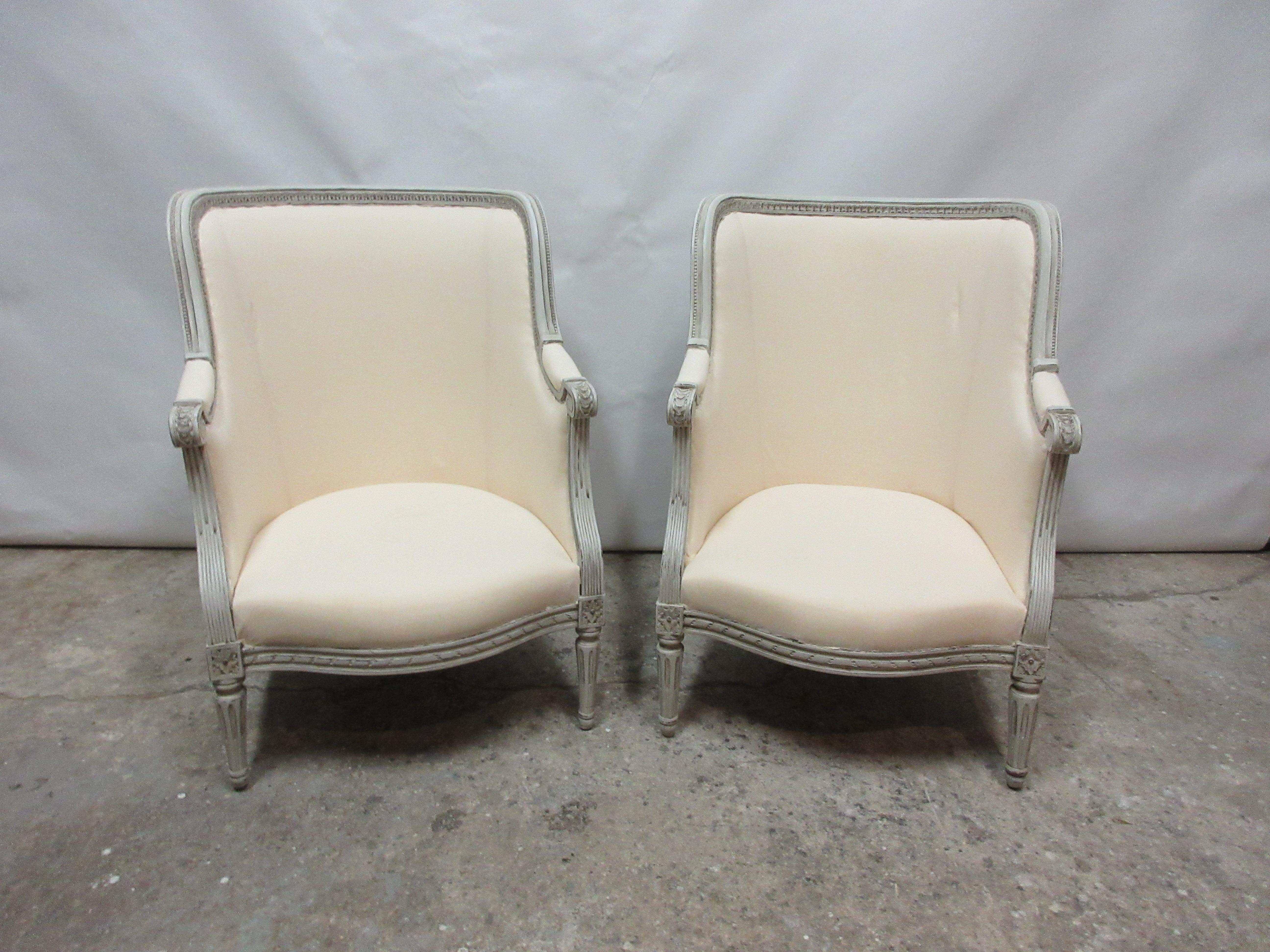 This is a set of 2 Swedish Gustavian Berger chairs. They have been restored and repainted with milk paints 