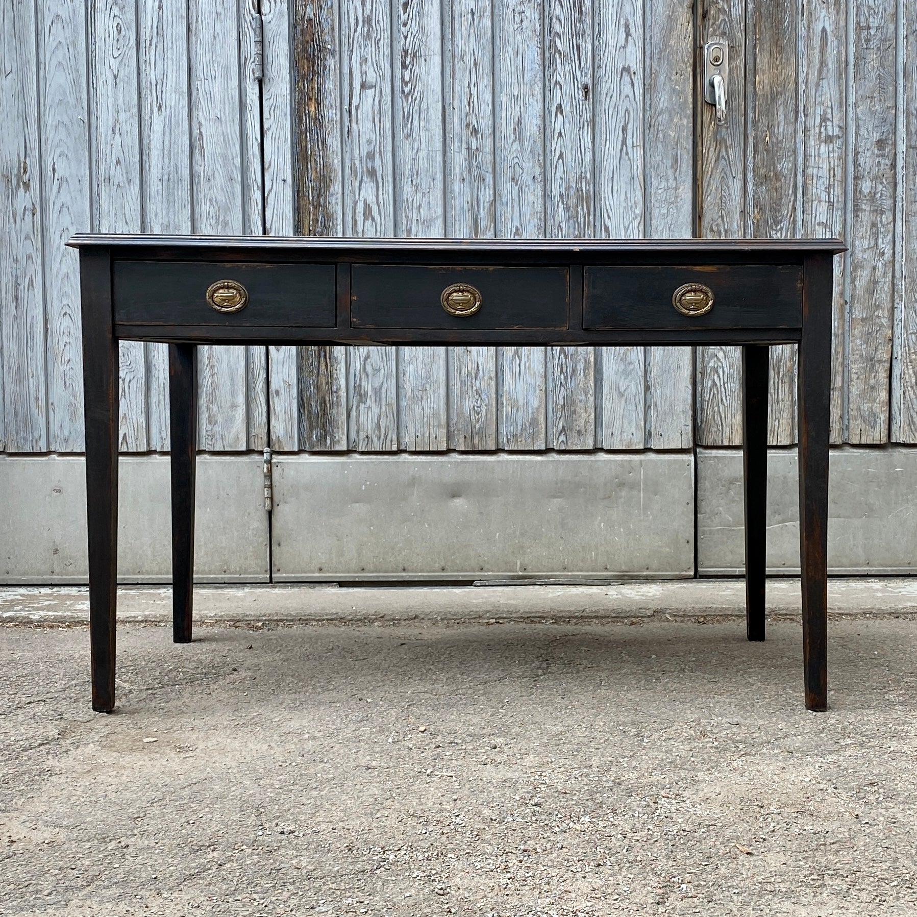 Embossed Swedish Gustavian Black Painted Writing Desk with 3 Drawers