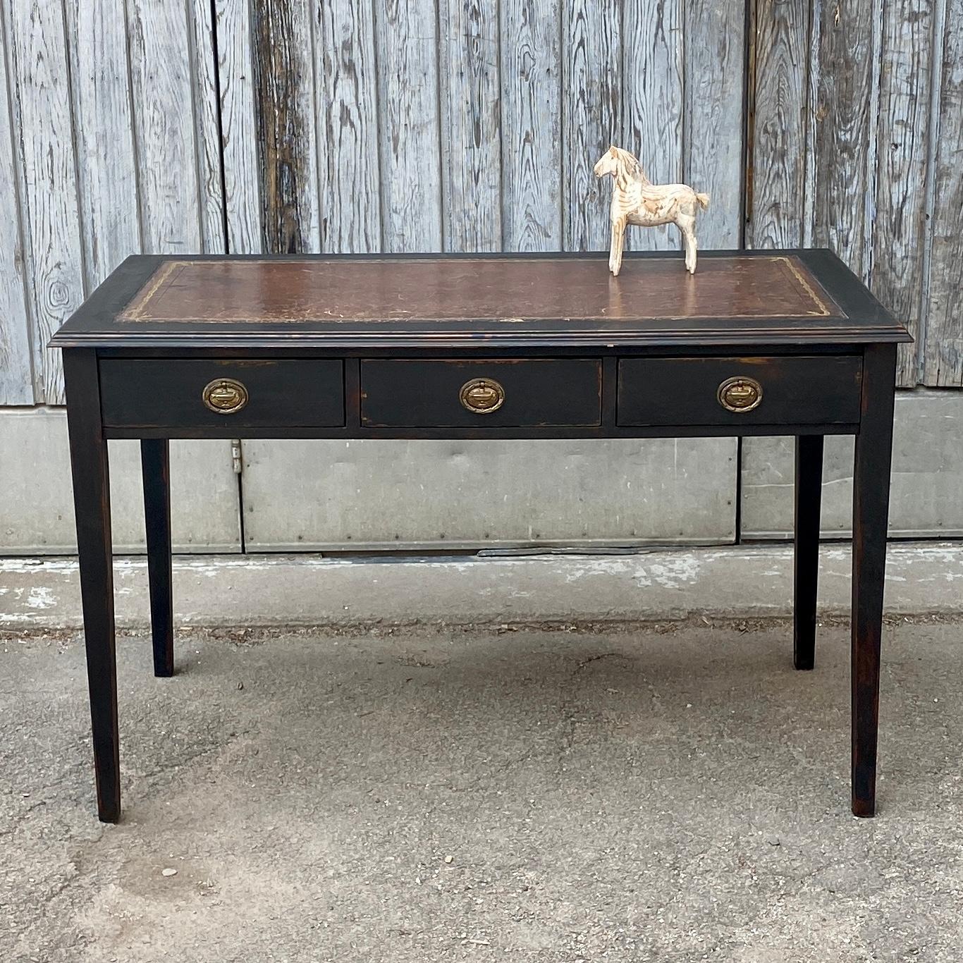 Brass Swedish Gustavian Black Painted Writing Desk with 3 Drawers