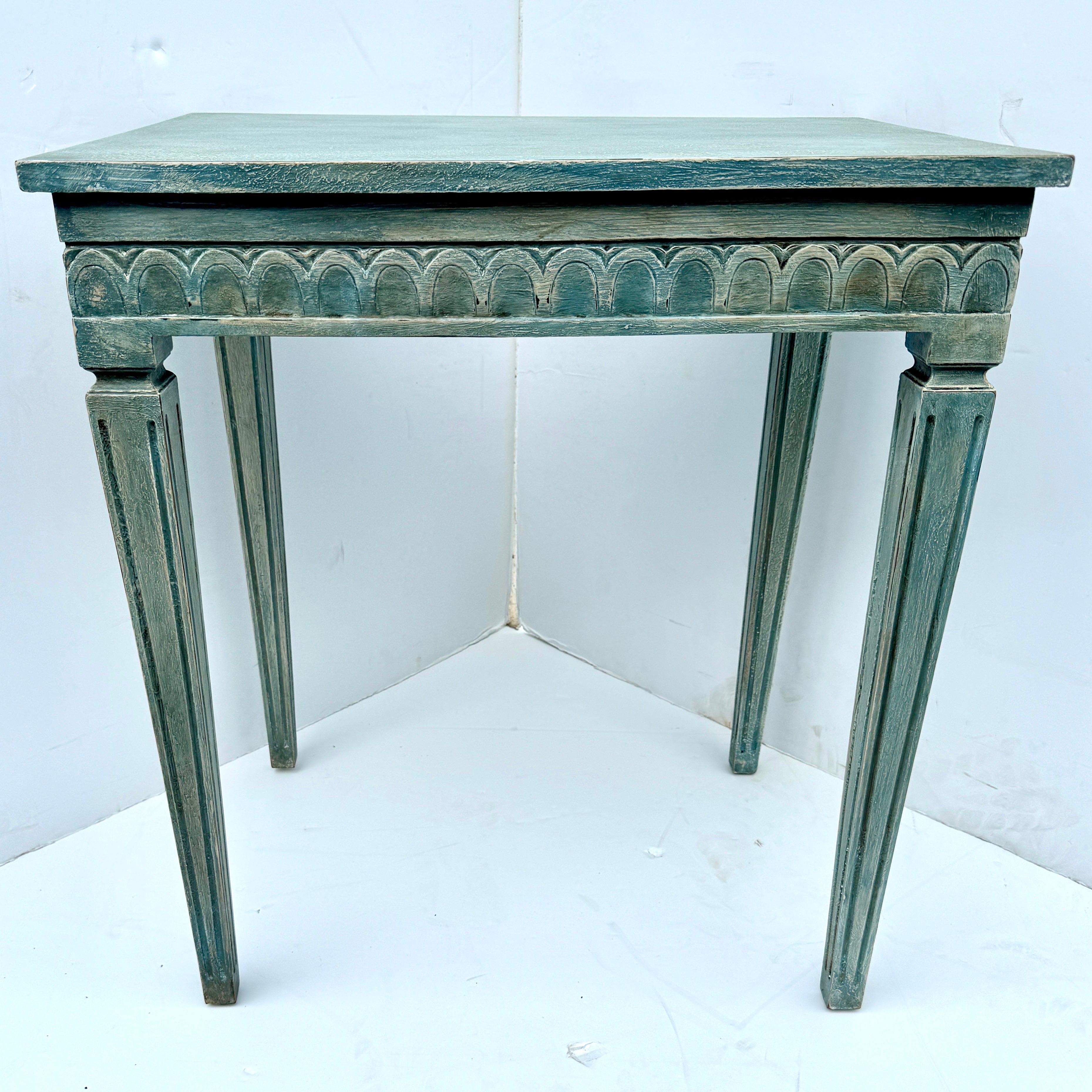 Painted Hand Carved Entry Hall Console Table 
Hand painted and hand distressed in authentic Scandinavian colors. This table has been painted in blue with a green undertone. Clean lines and elegance of this piece of Gustavian furniture is equally at