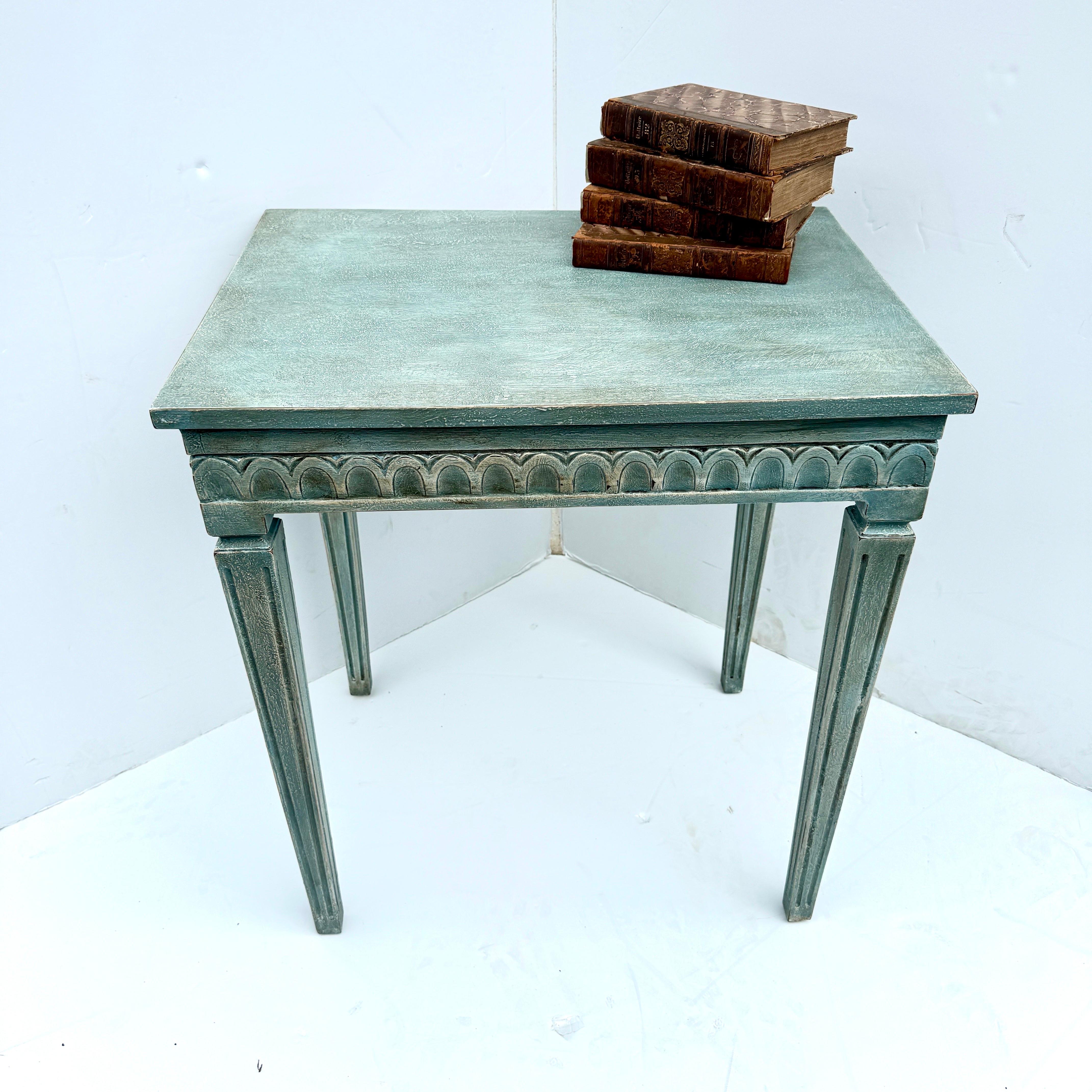 Hand-Painted Swedish Gustavian Blue Painted Hall Console Table with Carving For Sale
