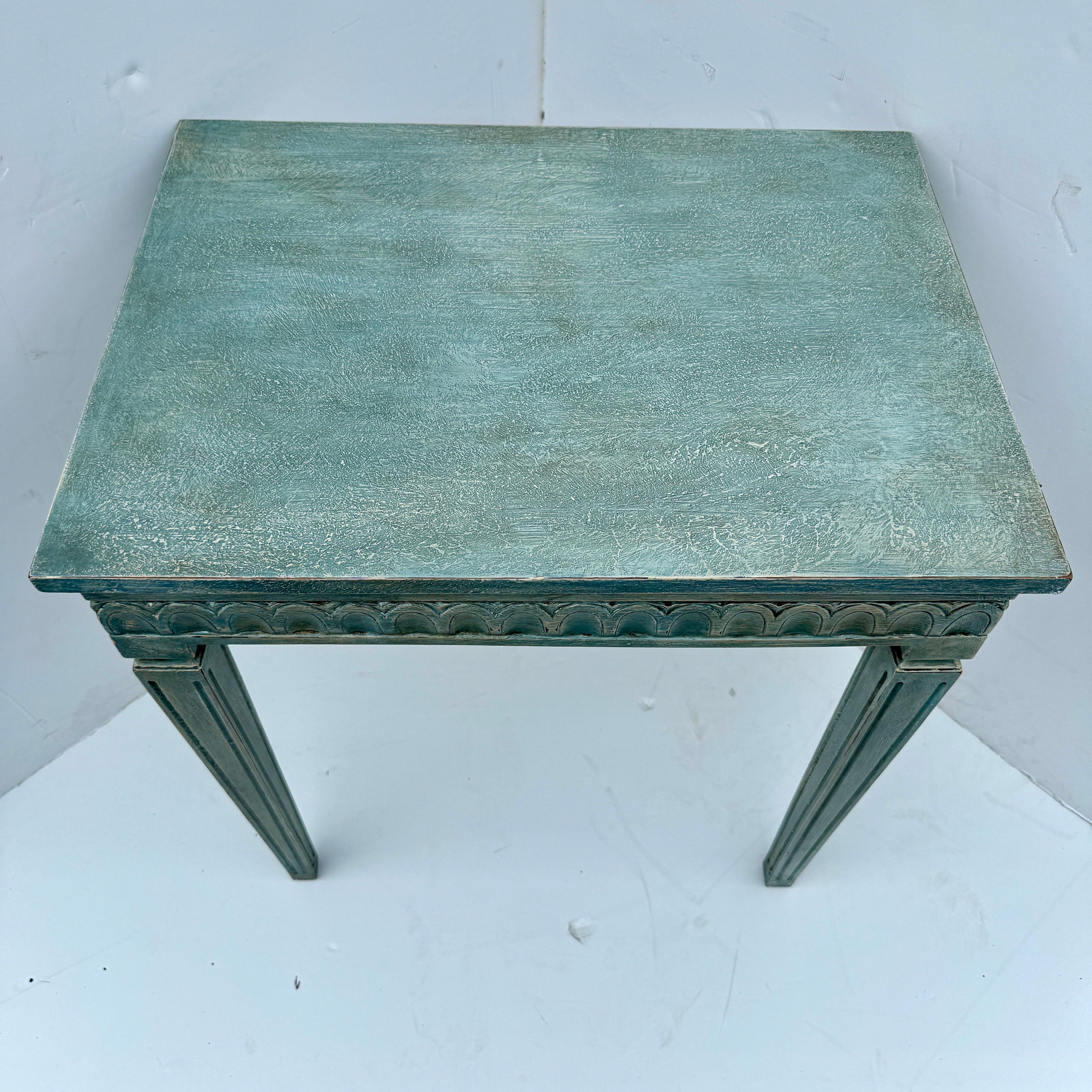 Contemporary Swedish Gustavian Blue Painted Hall Console Table with Carving For Sale