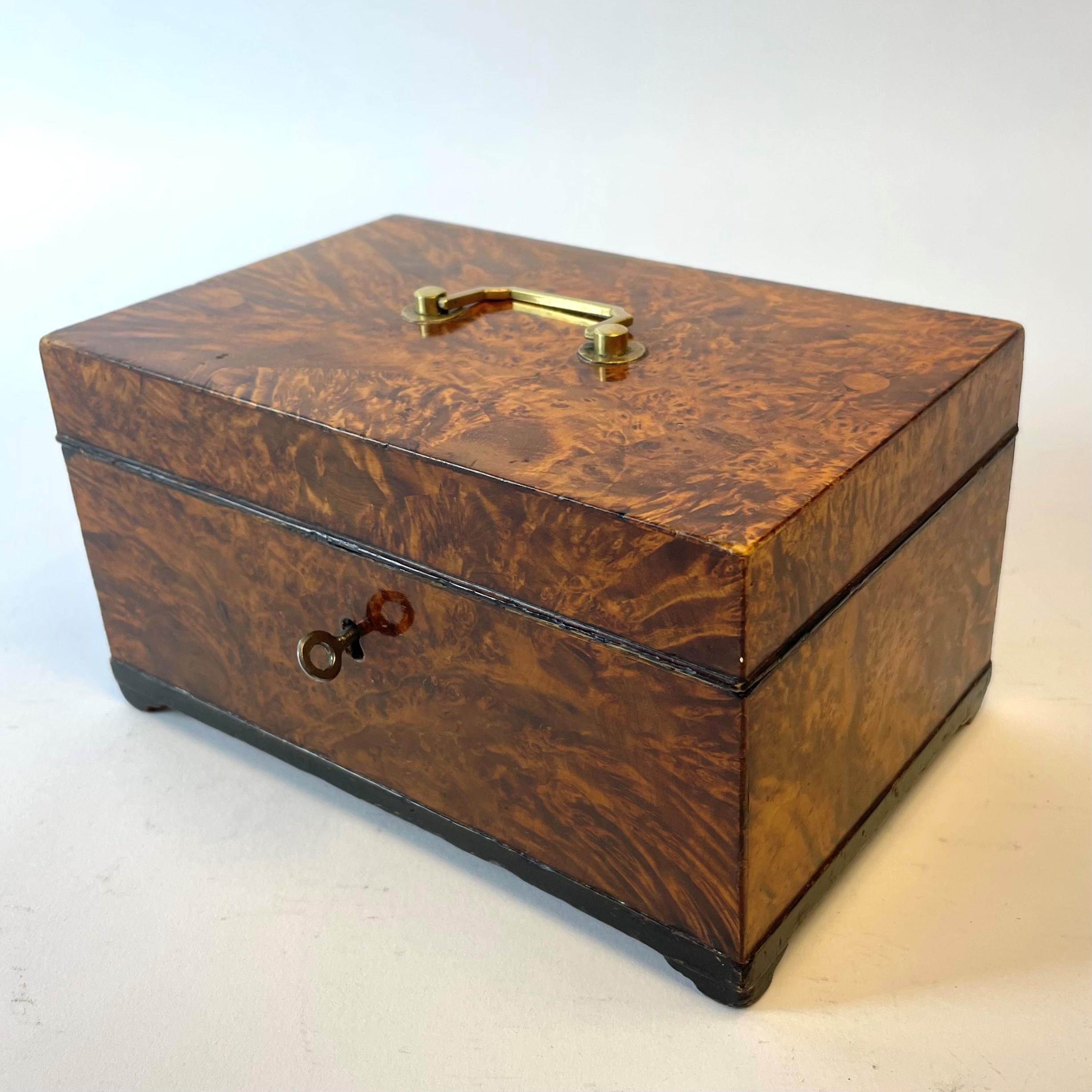 Rare and beautiful box in alder root with a brass handle. Gustavian, late 18th century from cities around the lake Mälaren in Sweden. Beautiful patina in the woodwork. The inside of the box which is lined with colored paper (original) has a damage