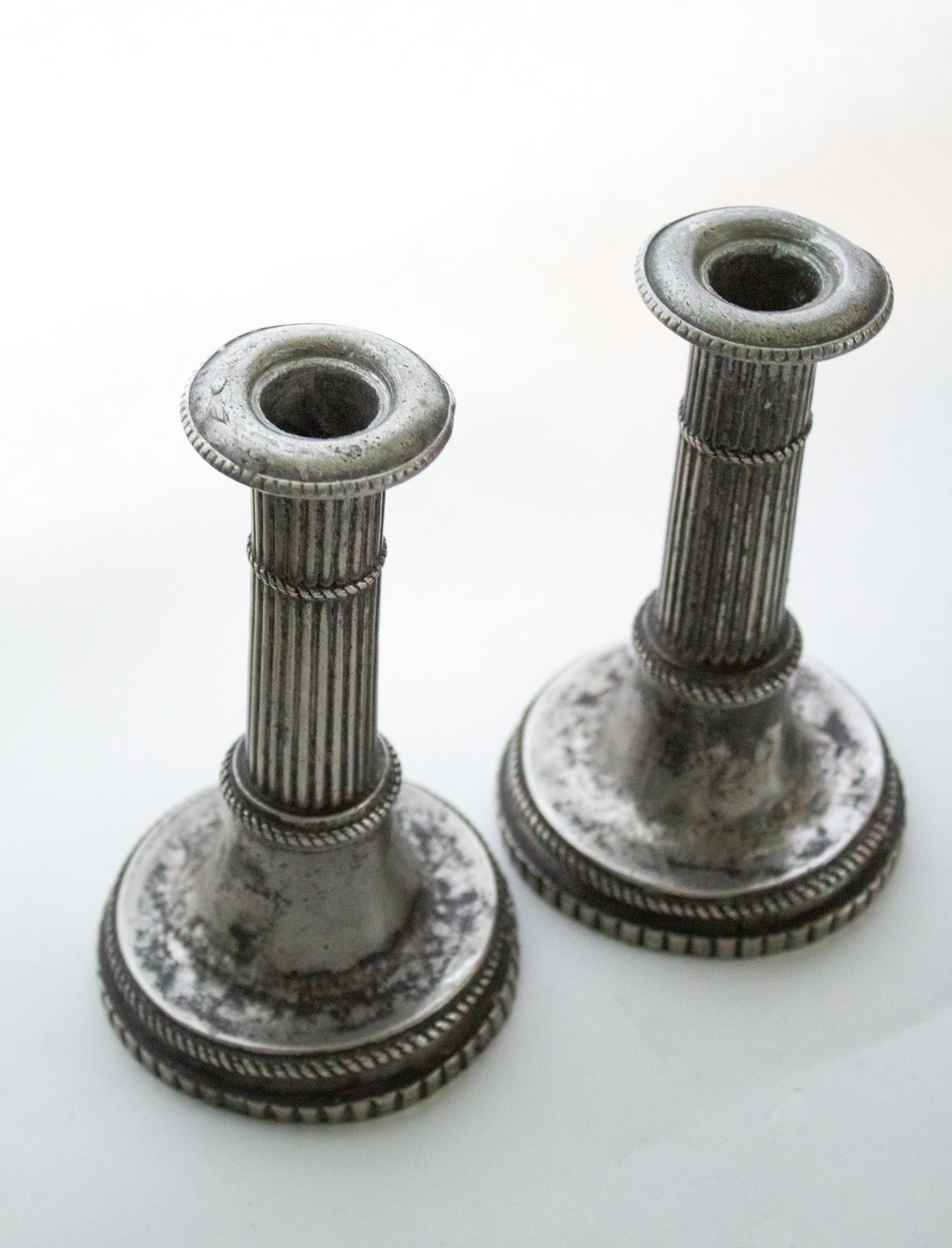 Swedish Gustavian Candleholders Late 1800th in Pewter In Distressed Condition For Sale In Stockholm, SE