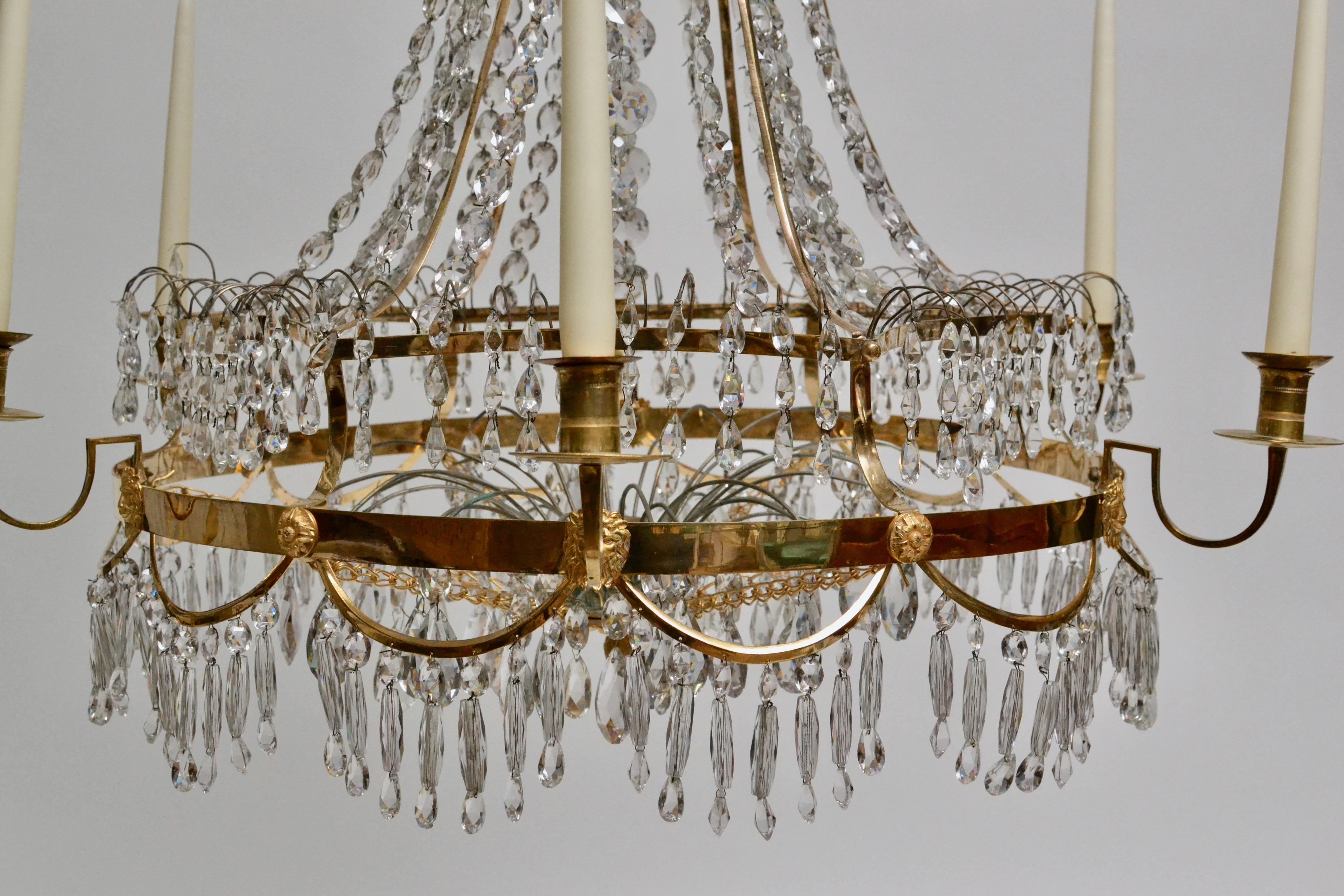 A Swedish Gustavian gilt bronze and crystal chandelier made in Stockholm, circa 1800. Very nice condition and quality.
