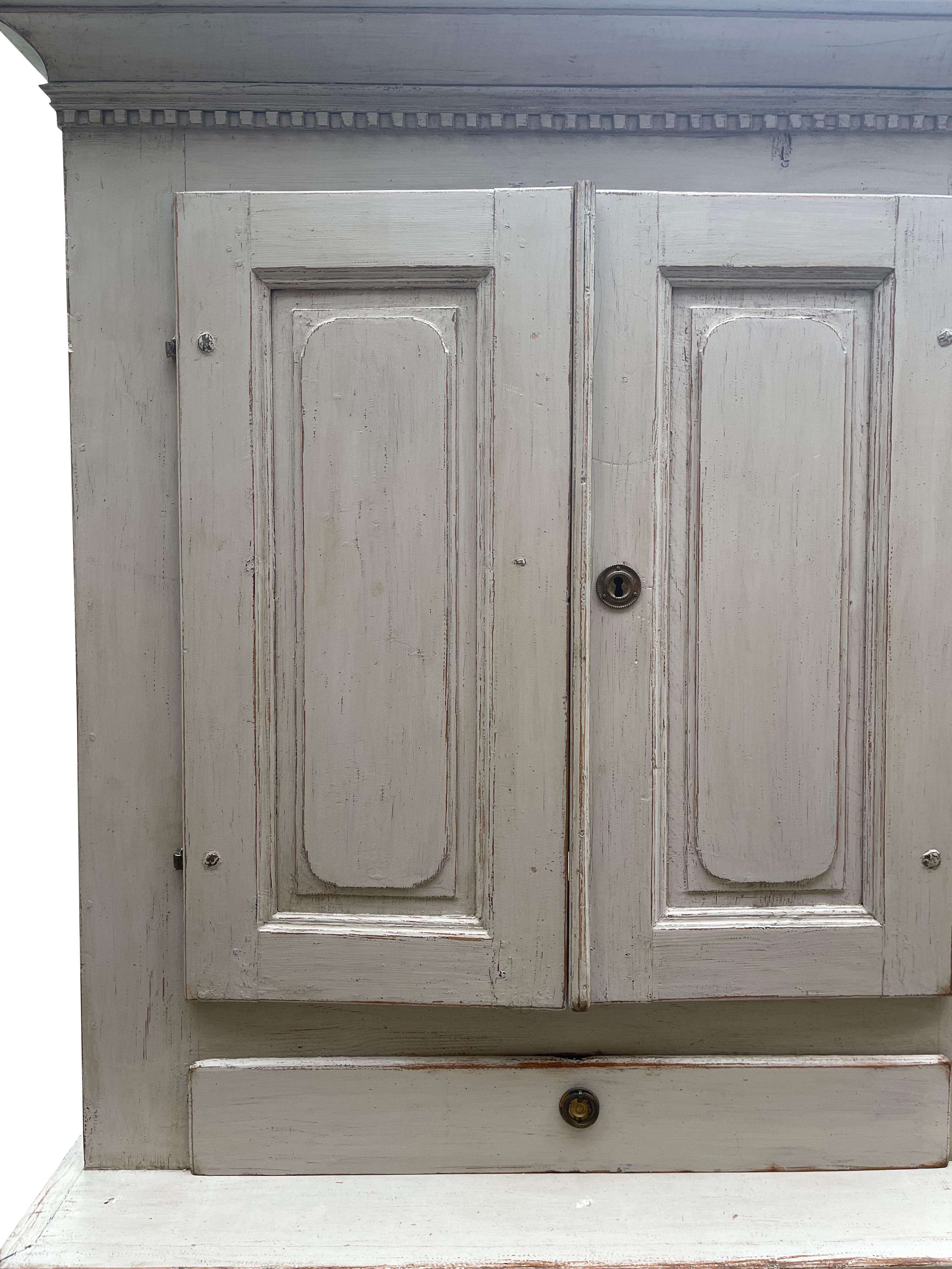 Hand-Carved Swedish Gustavian Cupboard/ Highboy in Lime Washed Finish, 19th Century For Sale