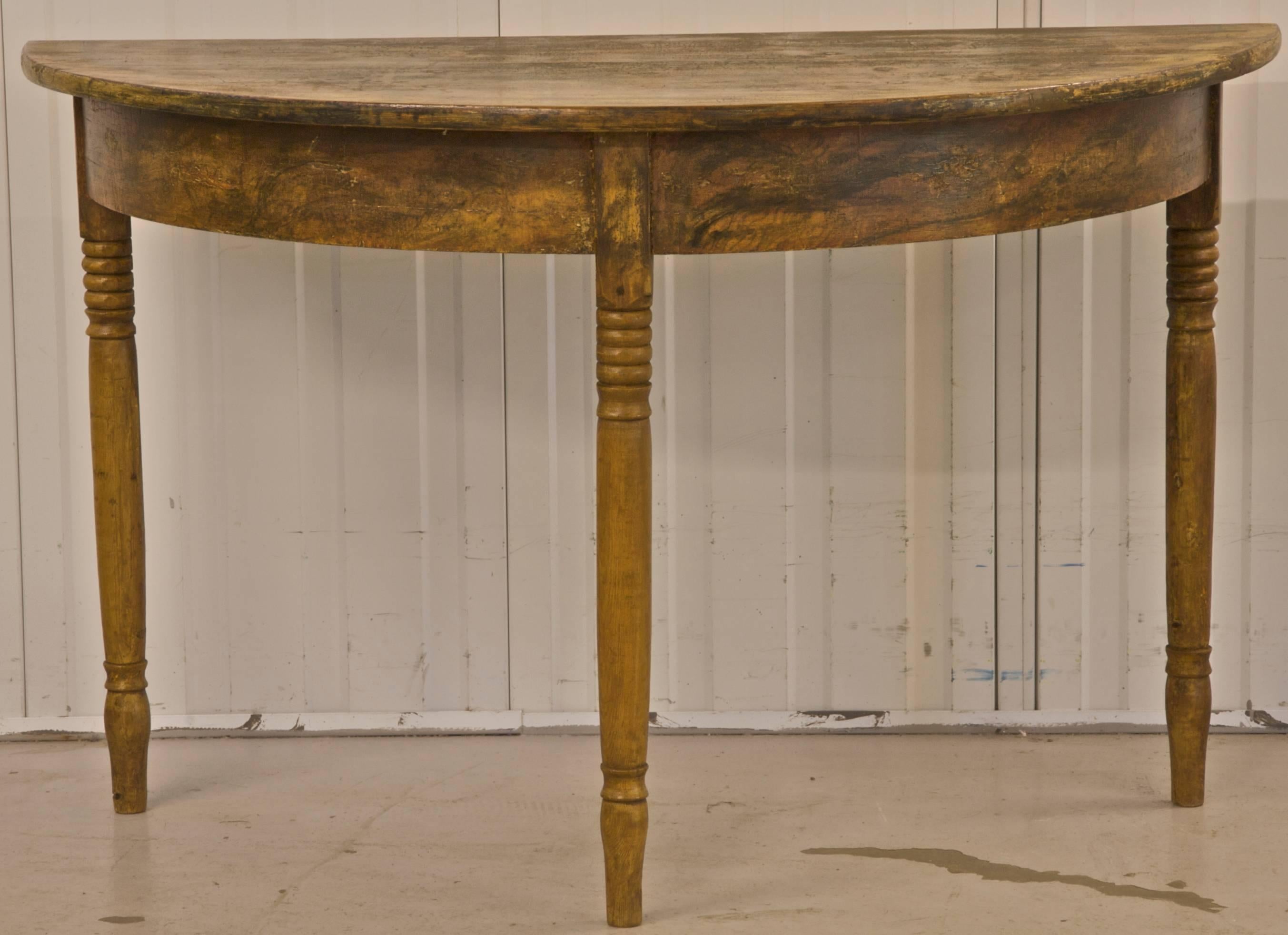 Polished Swedish Gustavian Demilune Tables 1800s Faux Wood Grain Folk Art Gustavian For Sale
