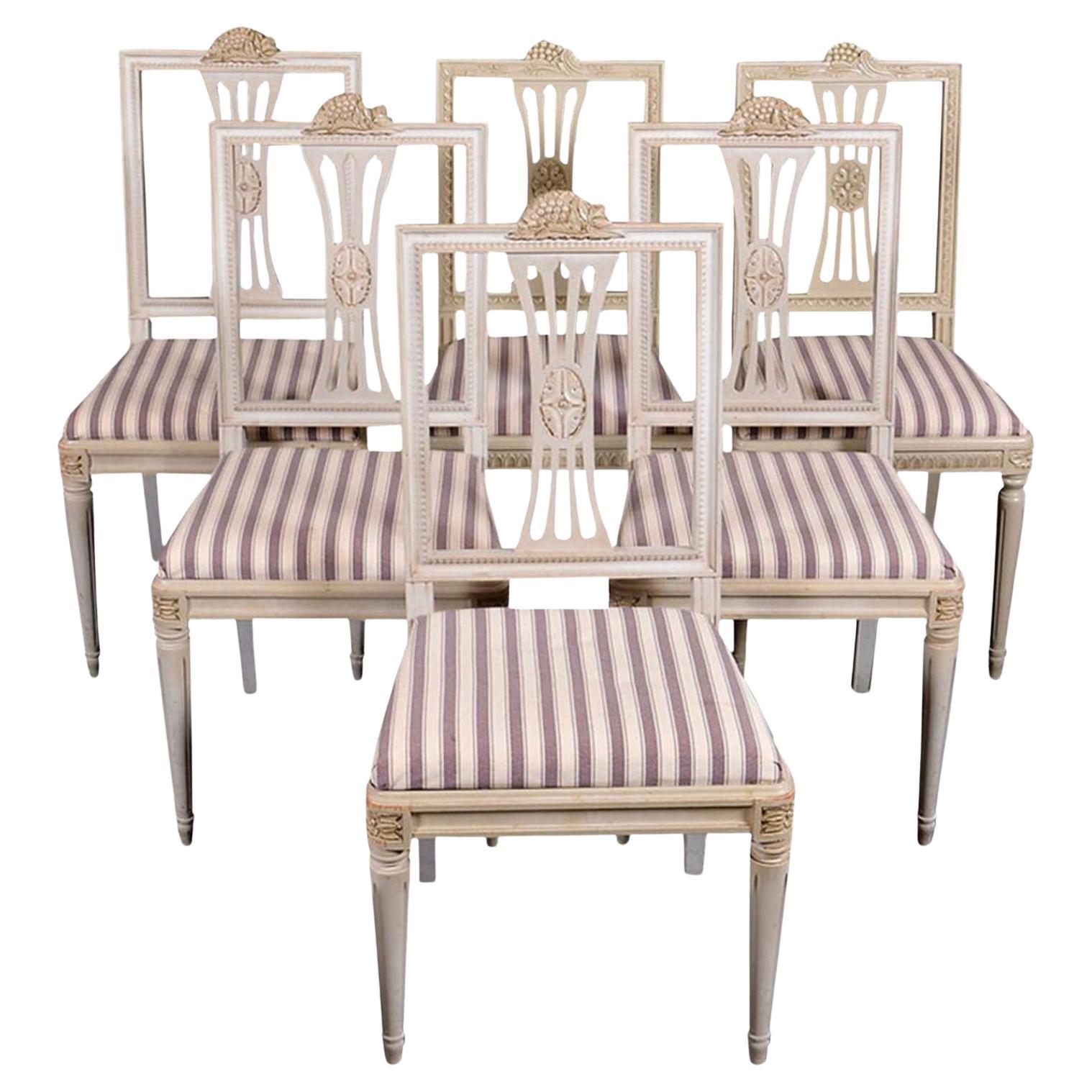Swedish Gustavian Dining Chairs Grey Lindome Style Set of 6, Mid-20th Century A