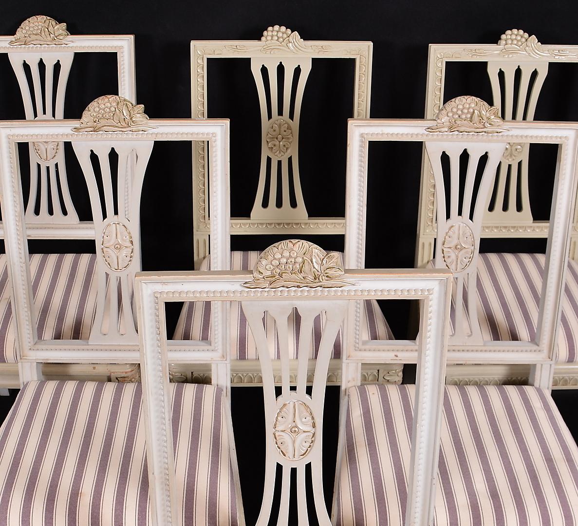 Painted Swedish Gustavian Dining Chairs Grey Lindome Style Set of 6, Mid-20th Century For Sale
