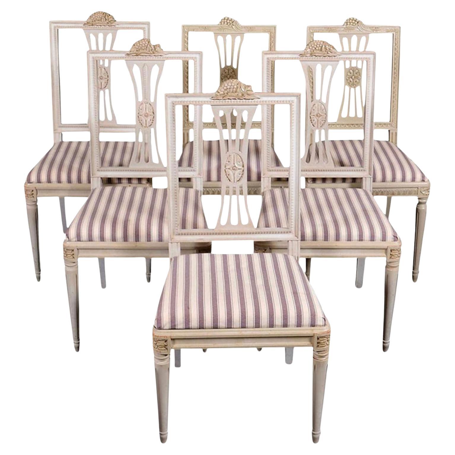 Swedish Gustavian Dining Chairs Grey Lindome Style Set of 6, Mid-20th Century