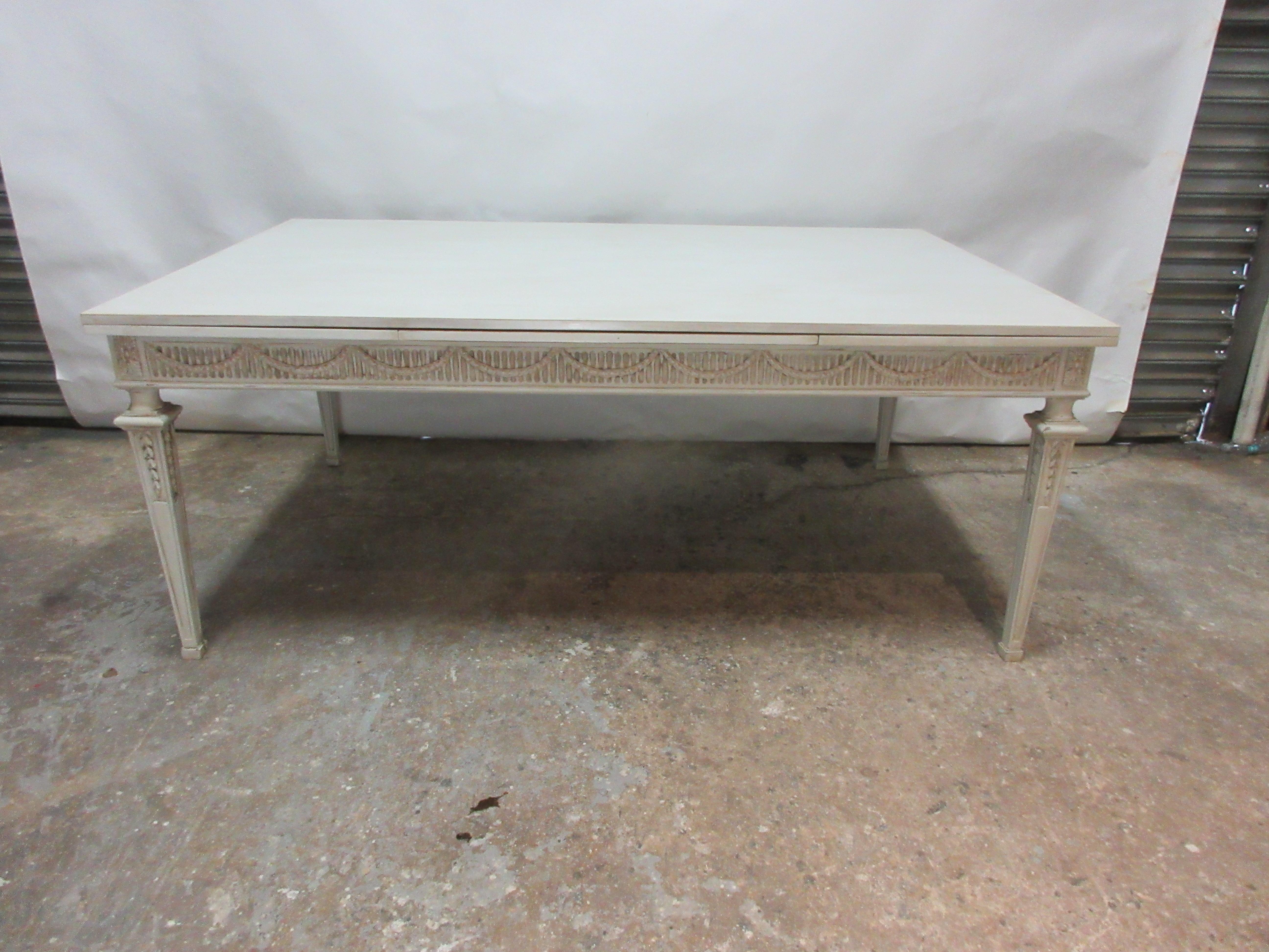 This is a Swedish Gustavian dining table, its been restored and repainted with milk paints oyster white. It has 2 built in leaves that pull out at each end.
Leaf 22 inches, full length open 118 inches.