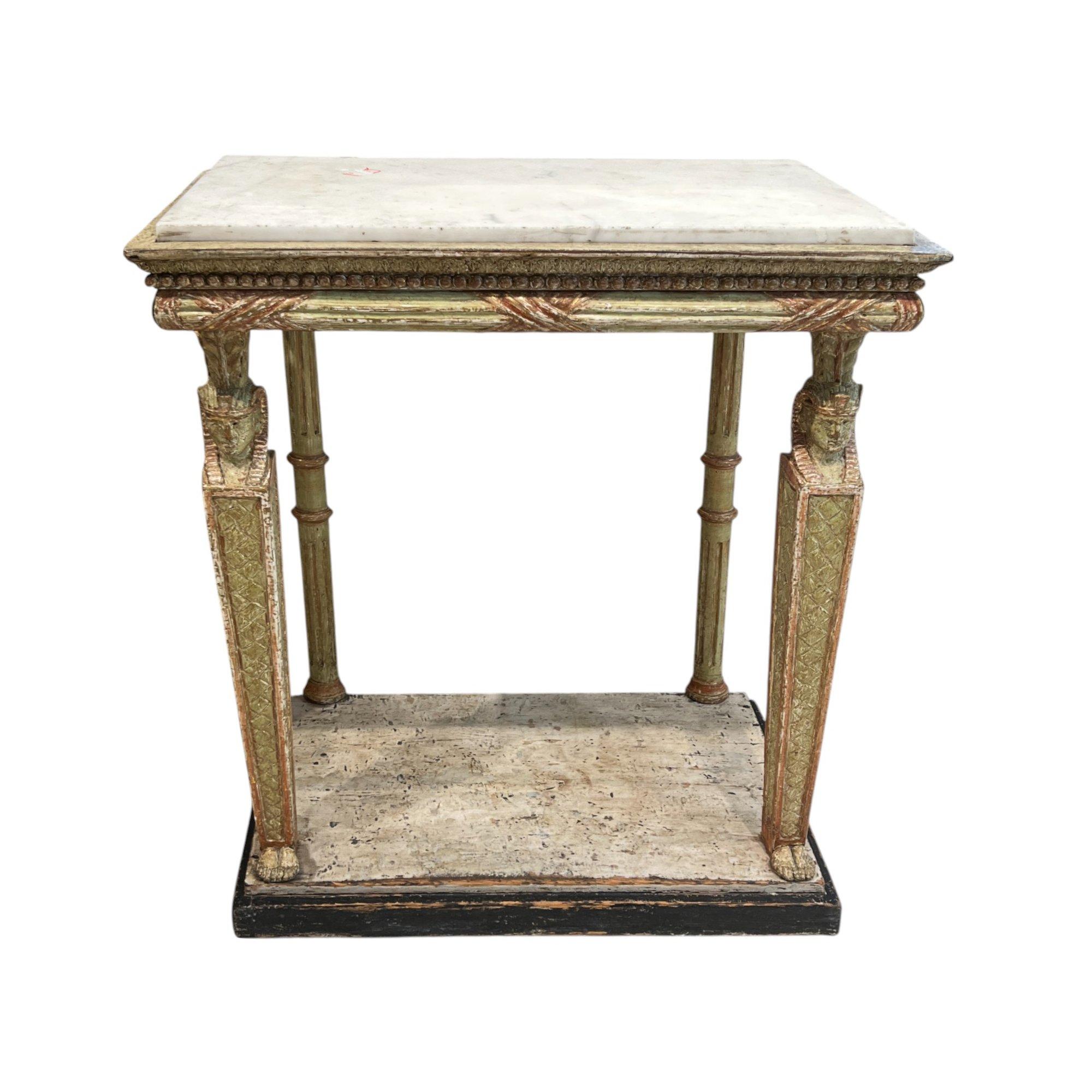 An exceptional 19th century Gustavian console table attributed to Jonas Frisk, blending neoclassical Swedish elegance with Egyptian Revival motifs, featuring caryatid-inspired legs, crisp detailing, and a richly veined marble top—an architecturally