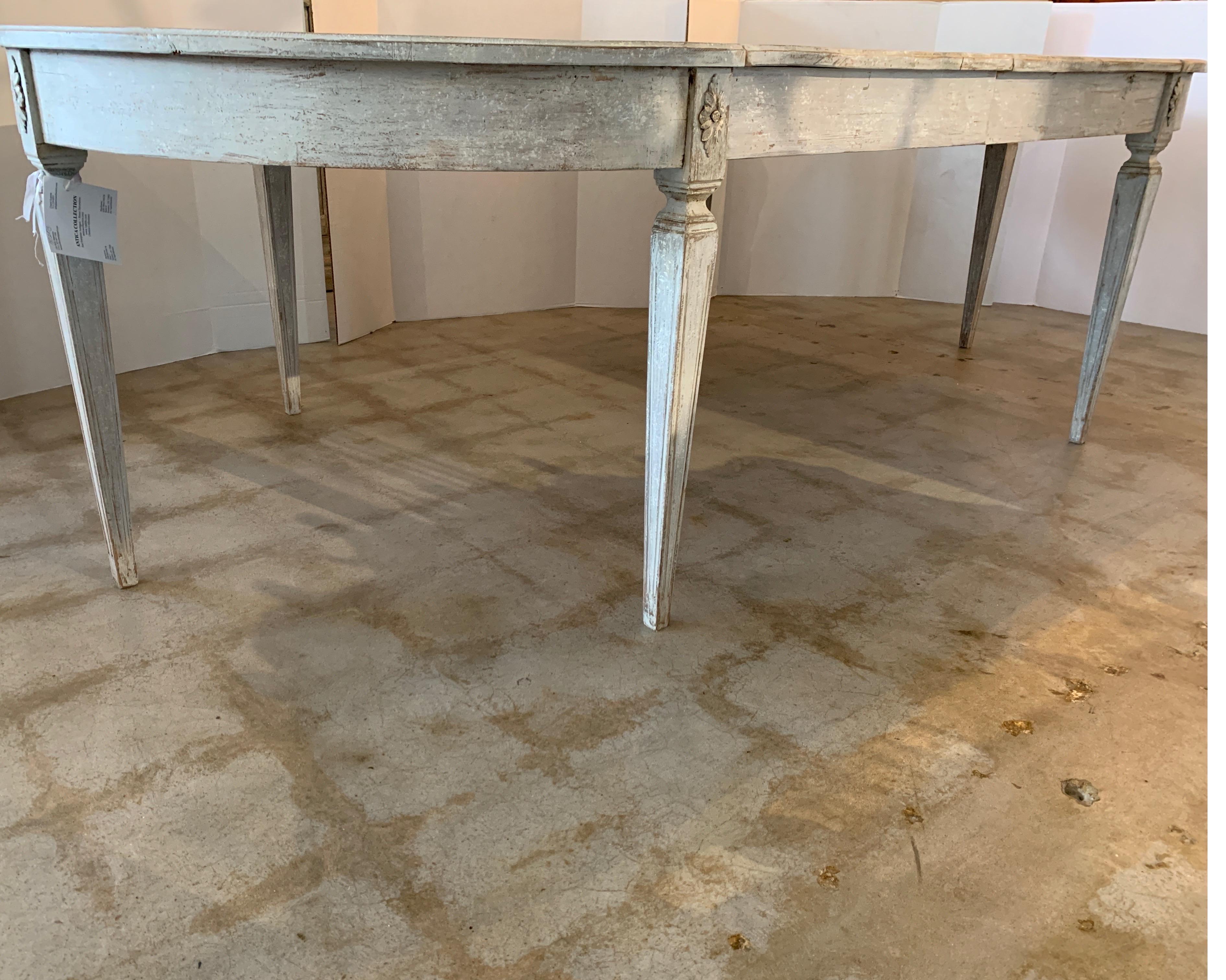 Swedish Gustavian Extension Table Painted Gray with Demilune Ends In Good Condition In Houston, TX