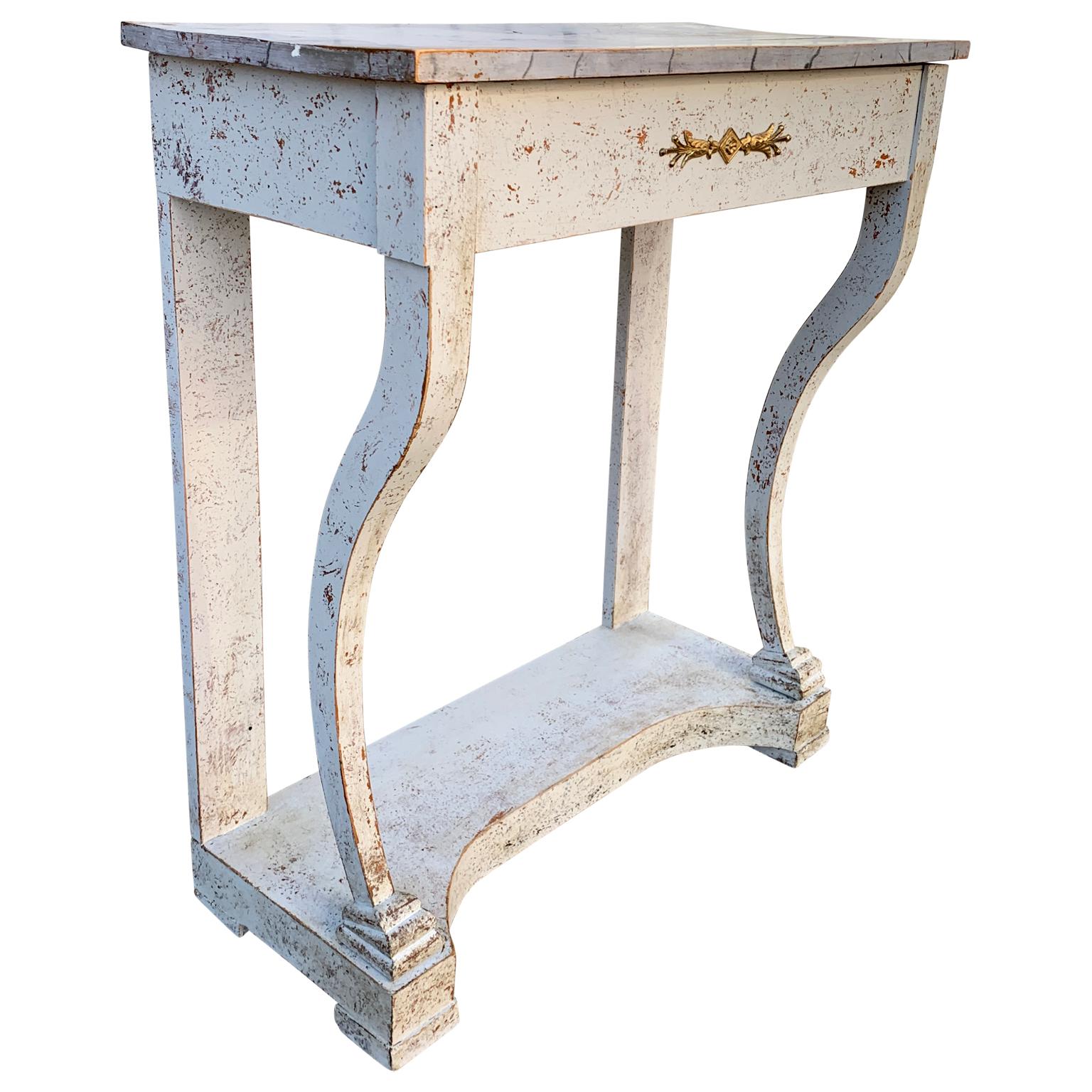 Hand-Carved Swedish Gustavian Faux Marble Painted Console Table For Sale